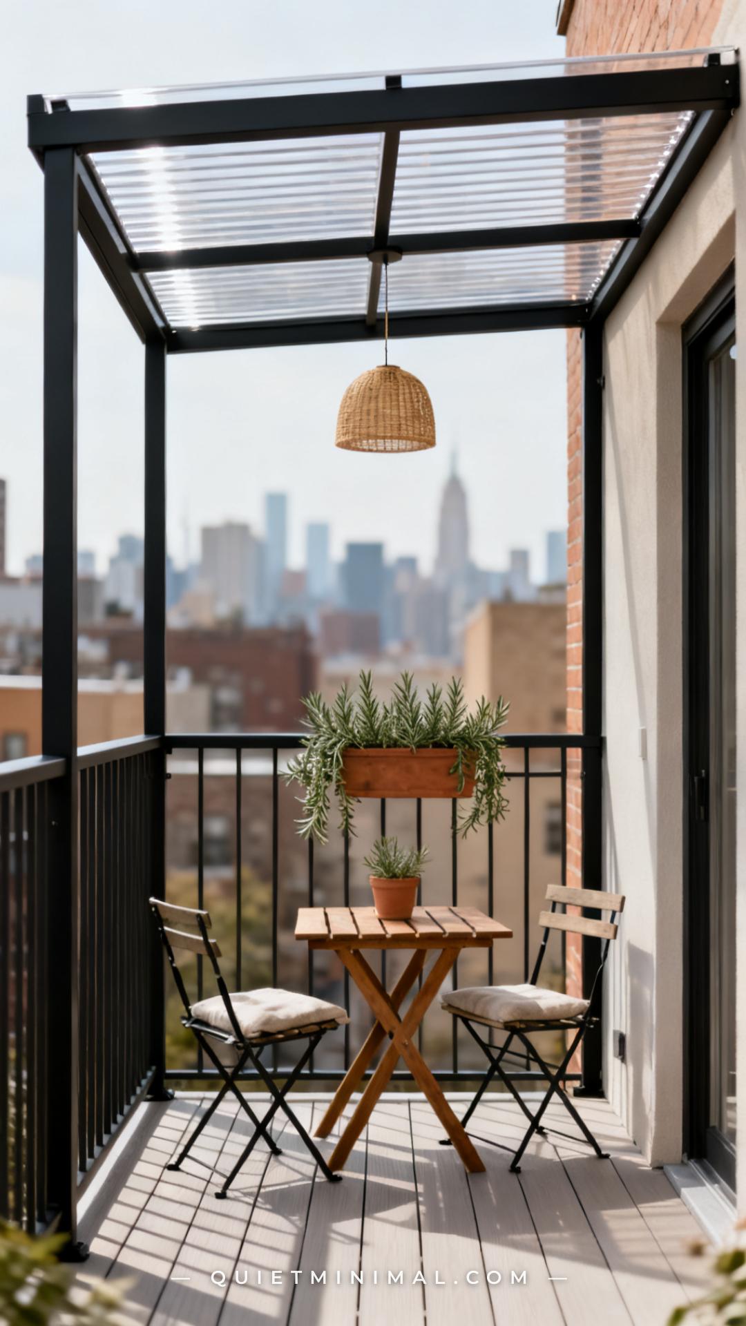 A vertical wide-angle photograph captures a compact urban balcony pergola with a polycarbonate roof