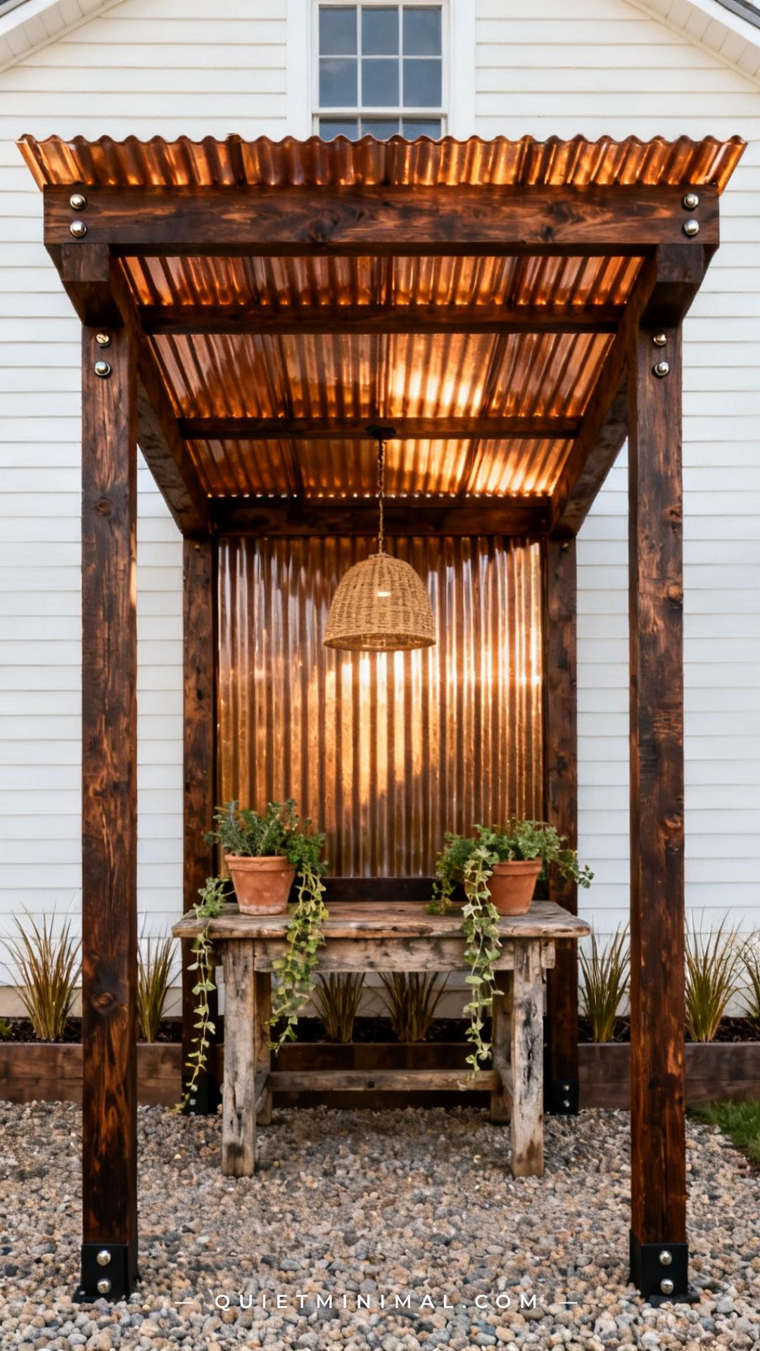 A medium-wide vertical photograph shows a freestanding pergola attached to the rear of a farmhouse-style home