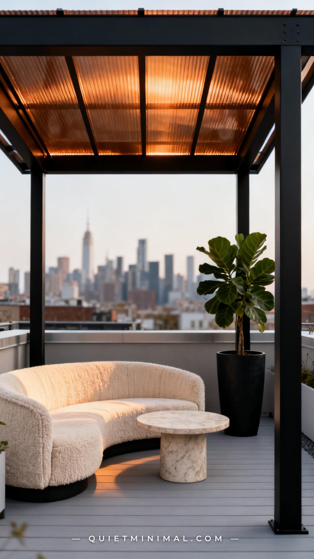 A vertical establishing shot of a rooftop terrace pergola