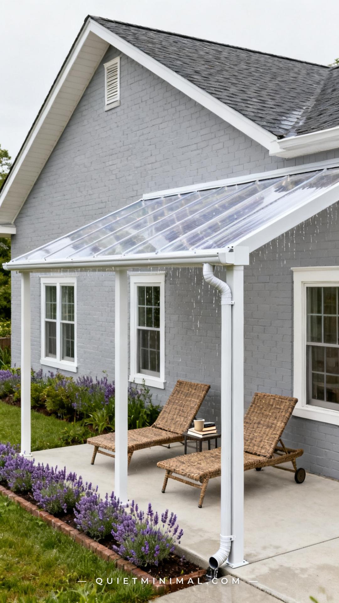 A wide vertical photograph taken from the side of a lean-to polycarbonate patio cover attached to a home's exterior