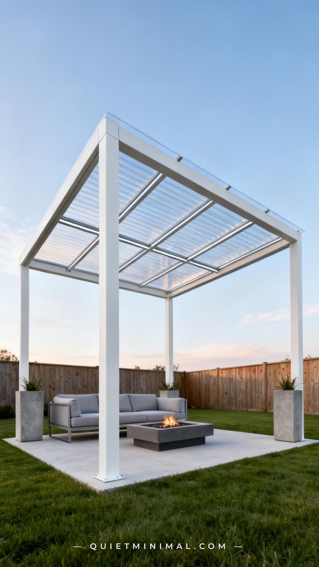 A vertical wide-angle photograph captures the full exterior of a freestanding aluminum pergola with a polycarbonate roof