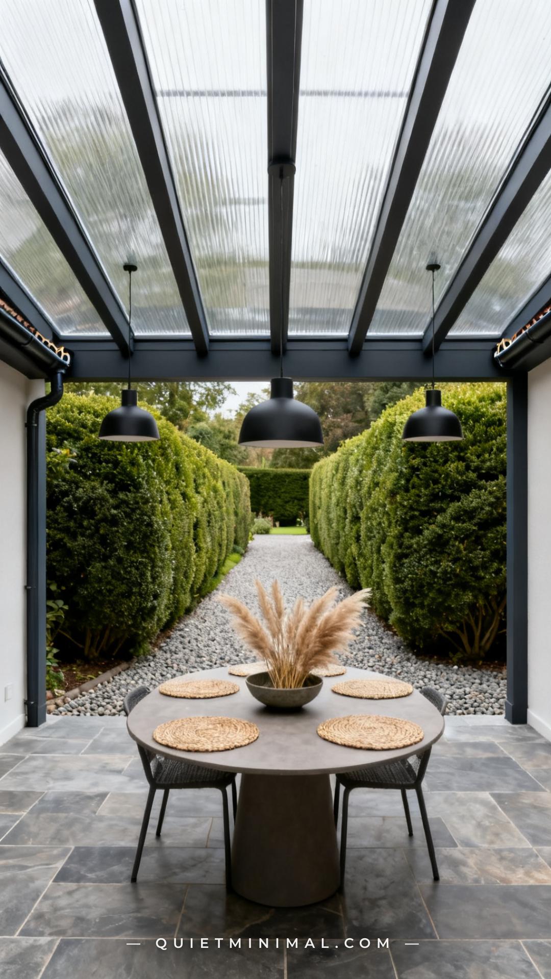 A medium-wide vertical photograph shows a covered patio from inside looking out toward a backyard garden