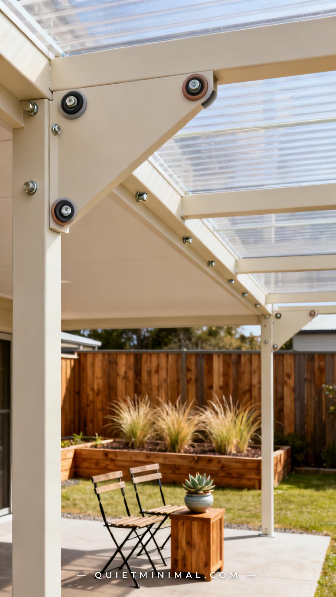 A wide vertical photograph captures a side view of a polycarbonate roof pergola being detailed