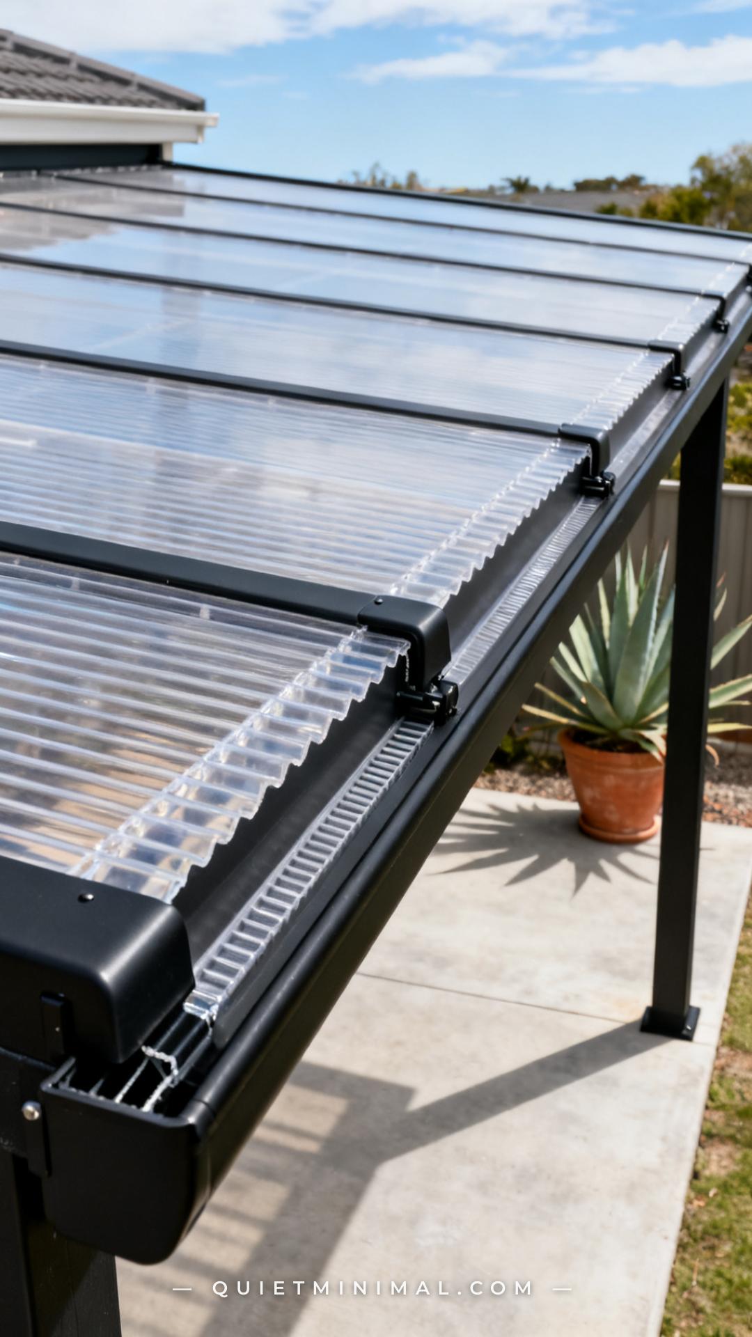 A vertical close-in but full-scene photograph of a pergola roof edge detail