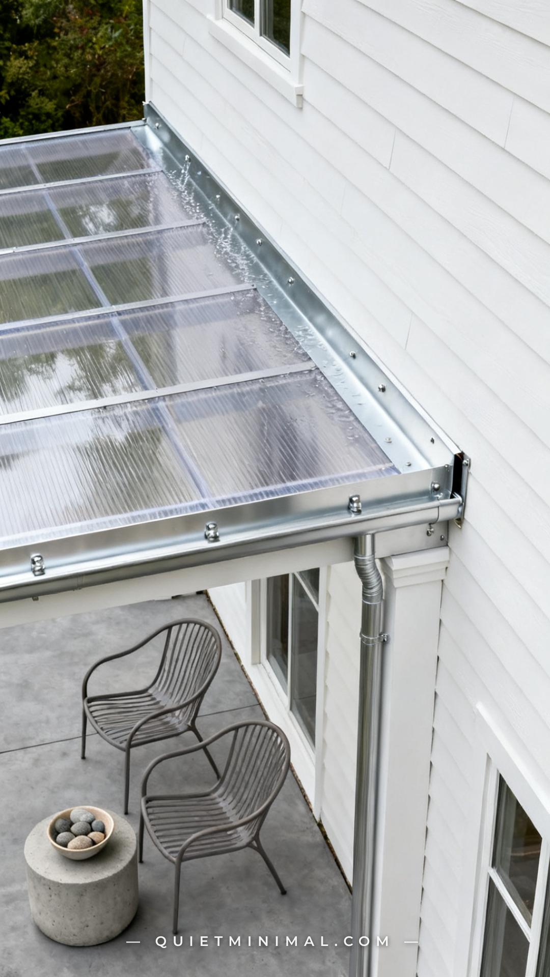 A wide vertical photograph shows the wall-attachment point of a lean-to polycarbonate patio cover
