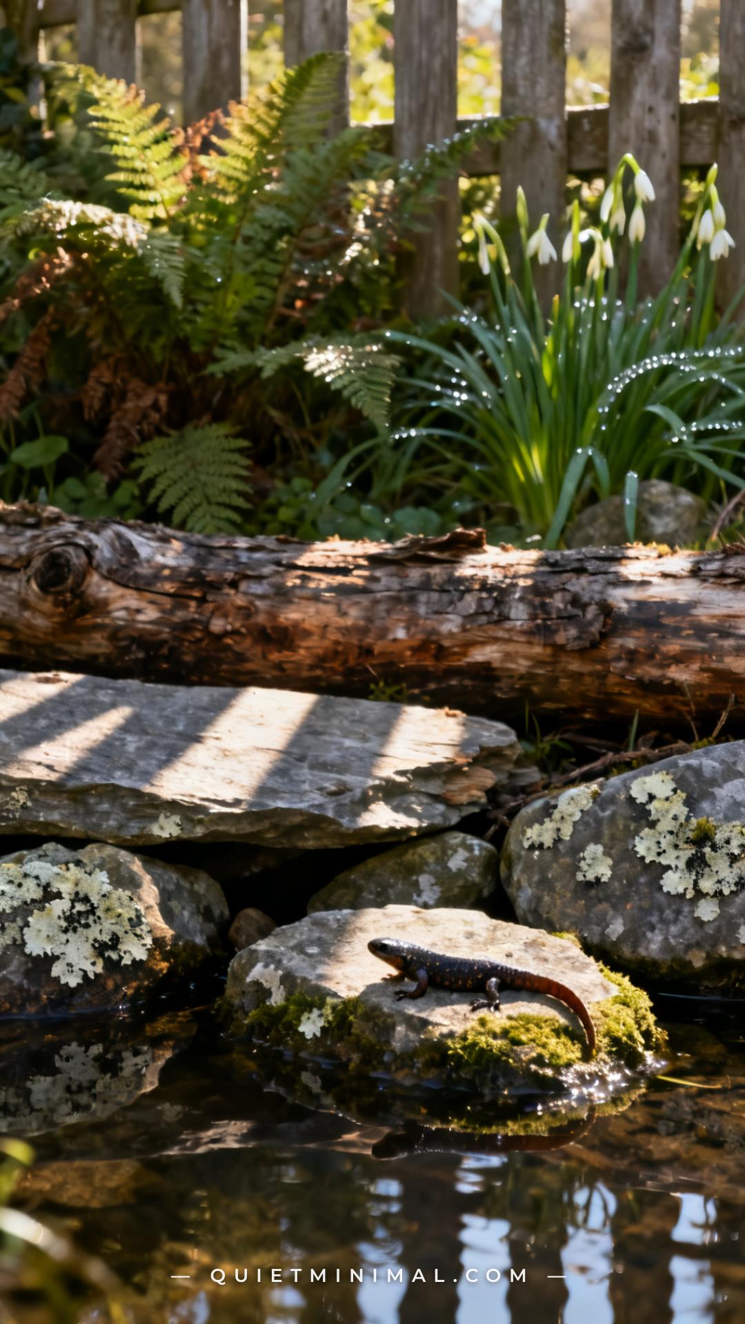 A vertical photograph captures the edge of a garden wildlife pond with a carefully arranged pile of weathered logs and f