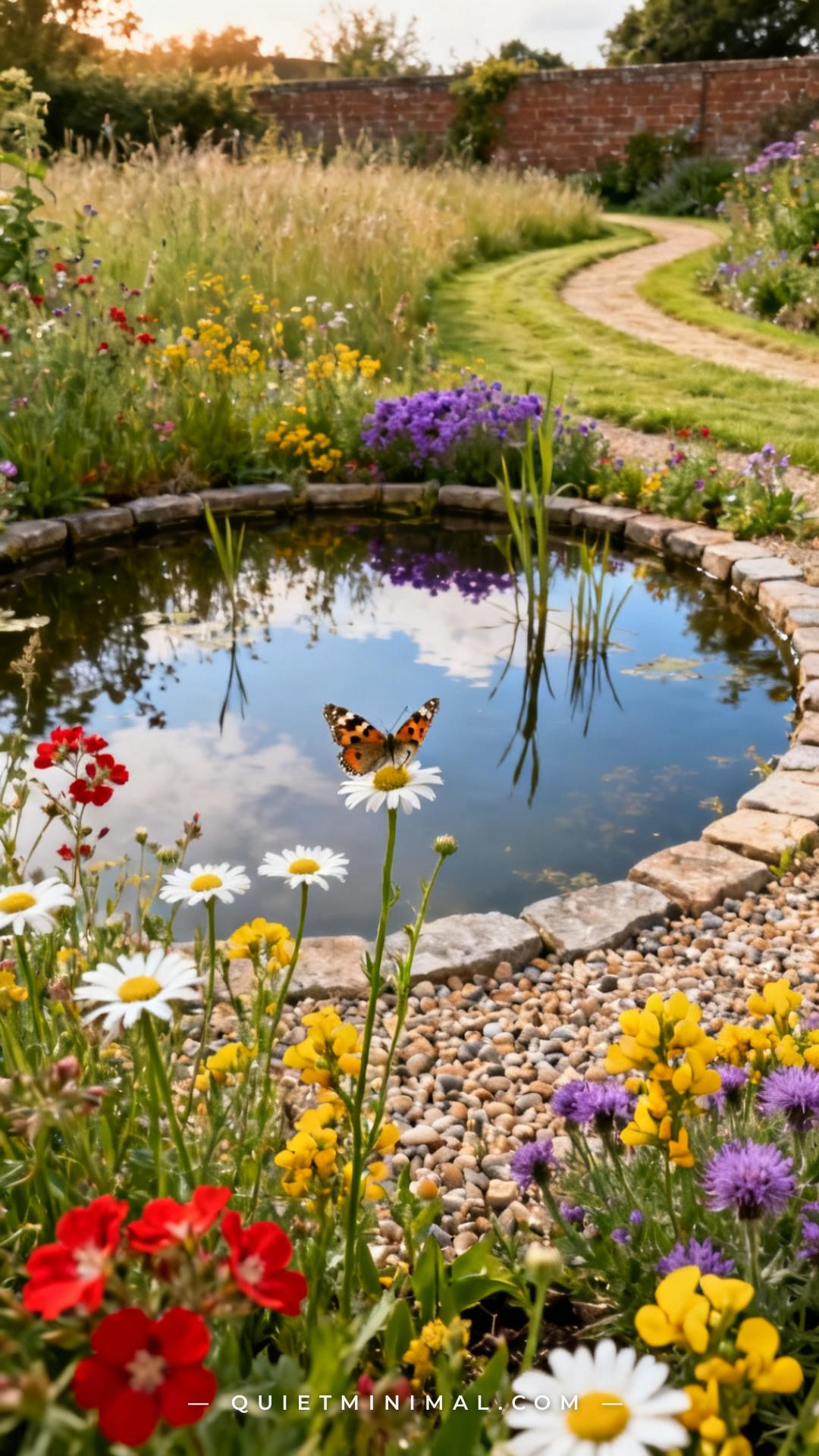 A wide establishing shot of a garden wildlife pond surrounded by a naturalistic wildflower border