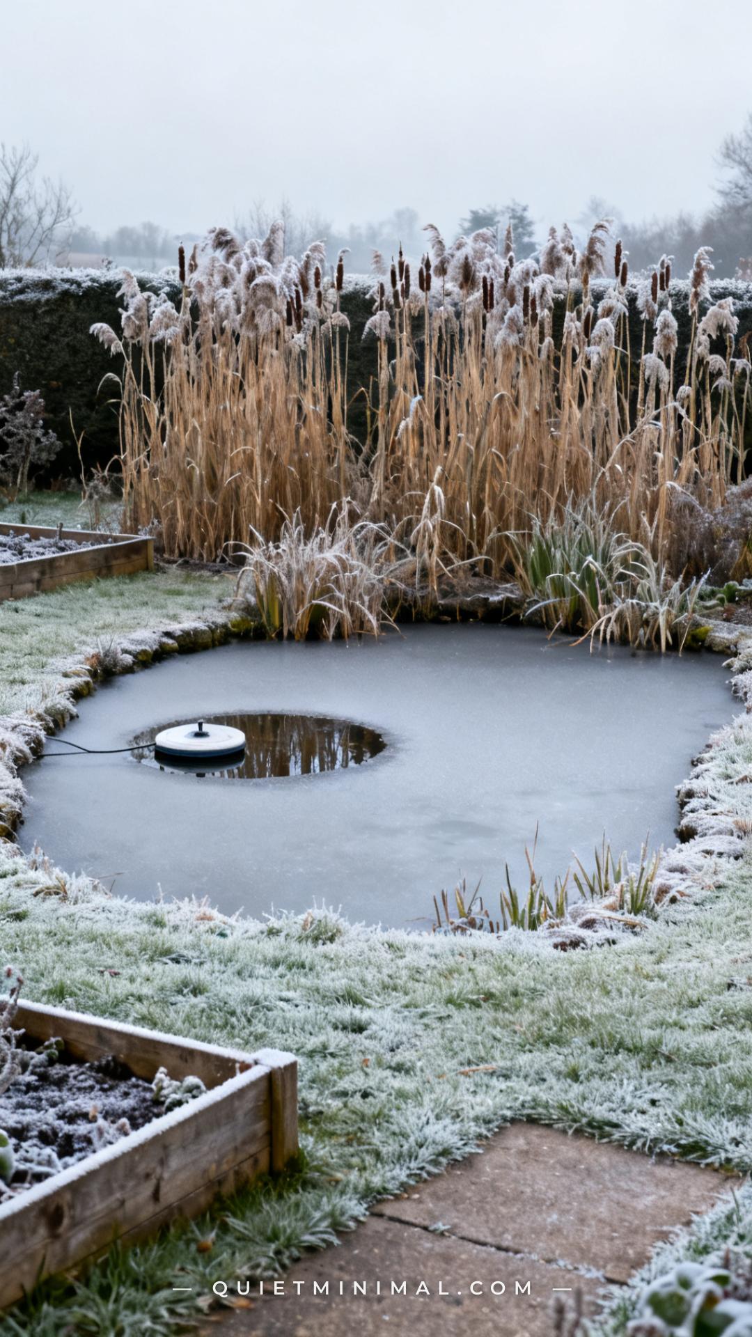A medium-wide shot of a garden wildlife pond in winter