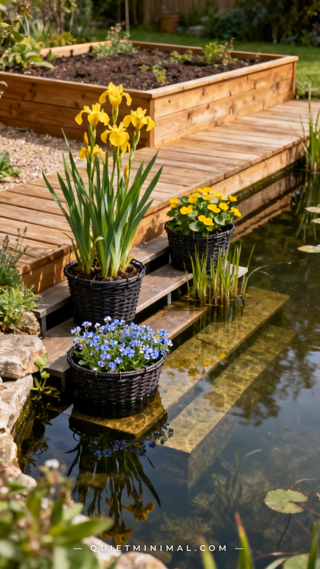 A wide photograph shows the marginal planting shelf of a garden wildlife pond