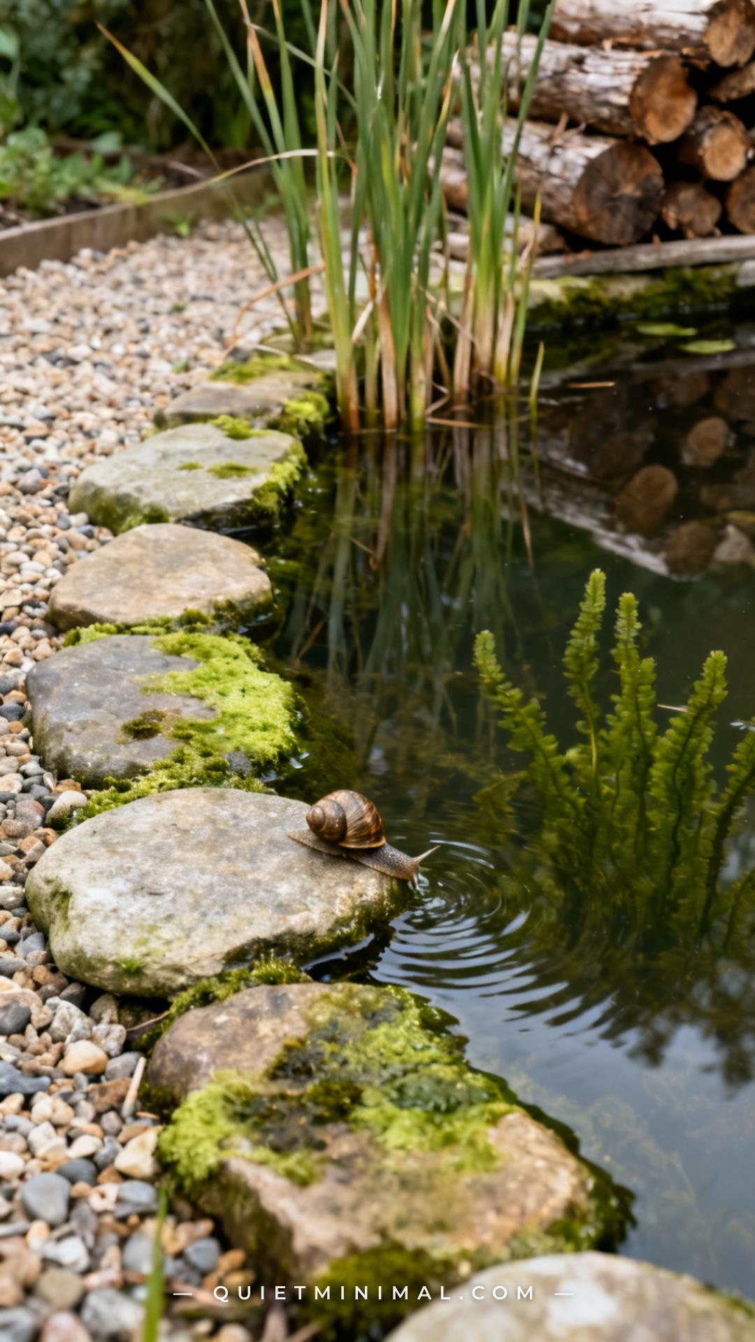 A medium-wide establishing shot of the interior stone edge of a mature garden wildlife pond