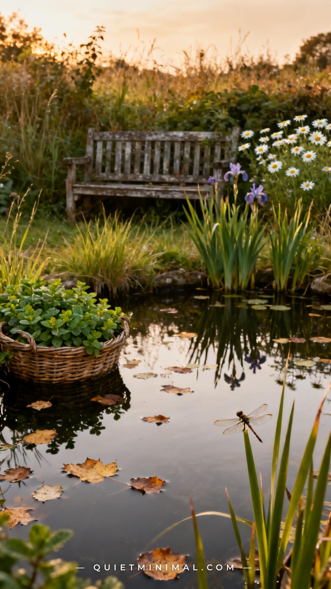 A vertical photograph shows a mature garden wildlife pond in late summer