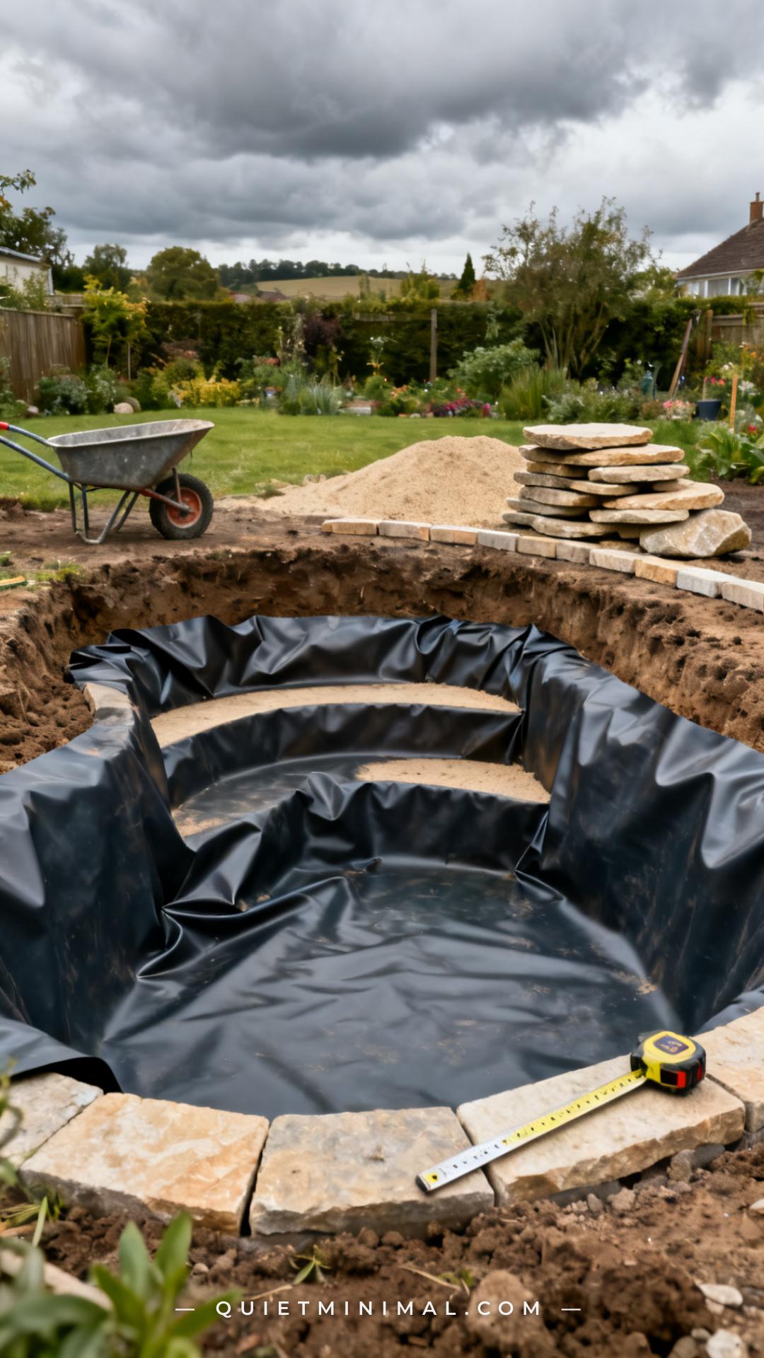 A medium-wide establishing shot of a garden pond under construction
