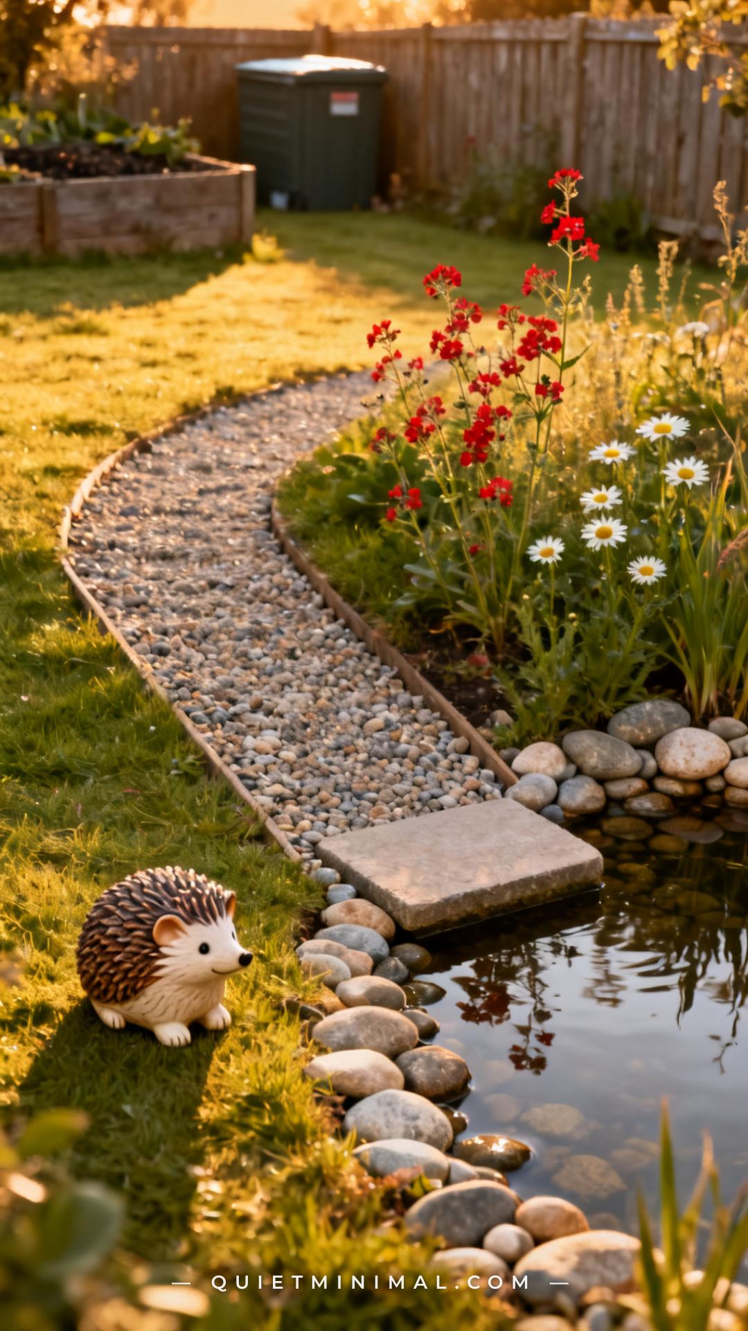 A vertical photograph showing a gentle gravel ramp sloping from a garden lawn down into the shallow edge of a small wild