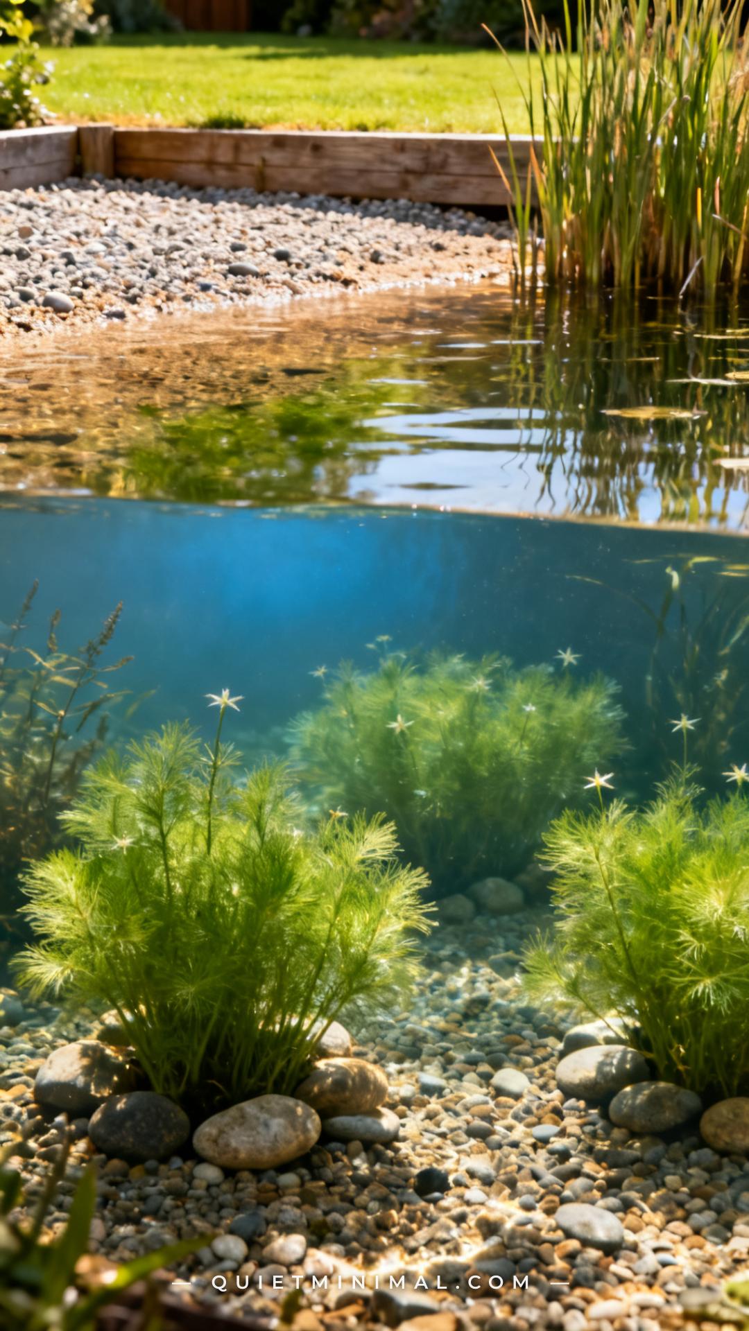 A medium-wide underwater-perspective shot looking through the clear water of a shallow garden pond