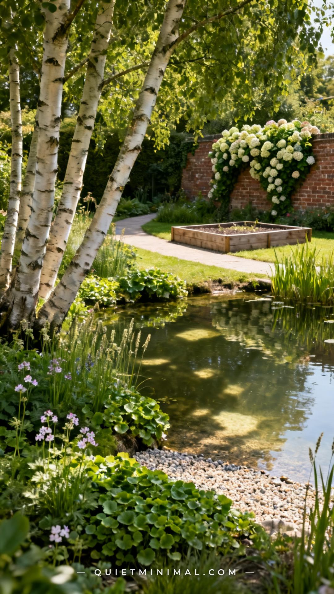 A vertical photograph captures a garden pond in a partially shaded position beneath the canopy of a multi-stem silver bi