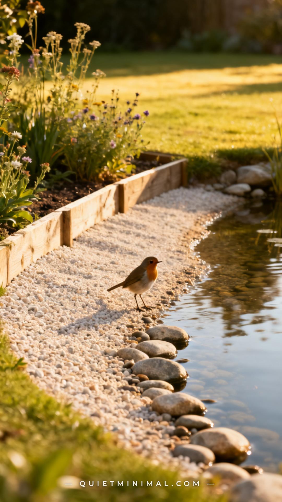 An establishing shot of a garden pond's near bank showing a naturalistic gravel beach entry