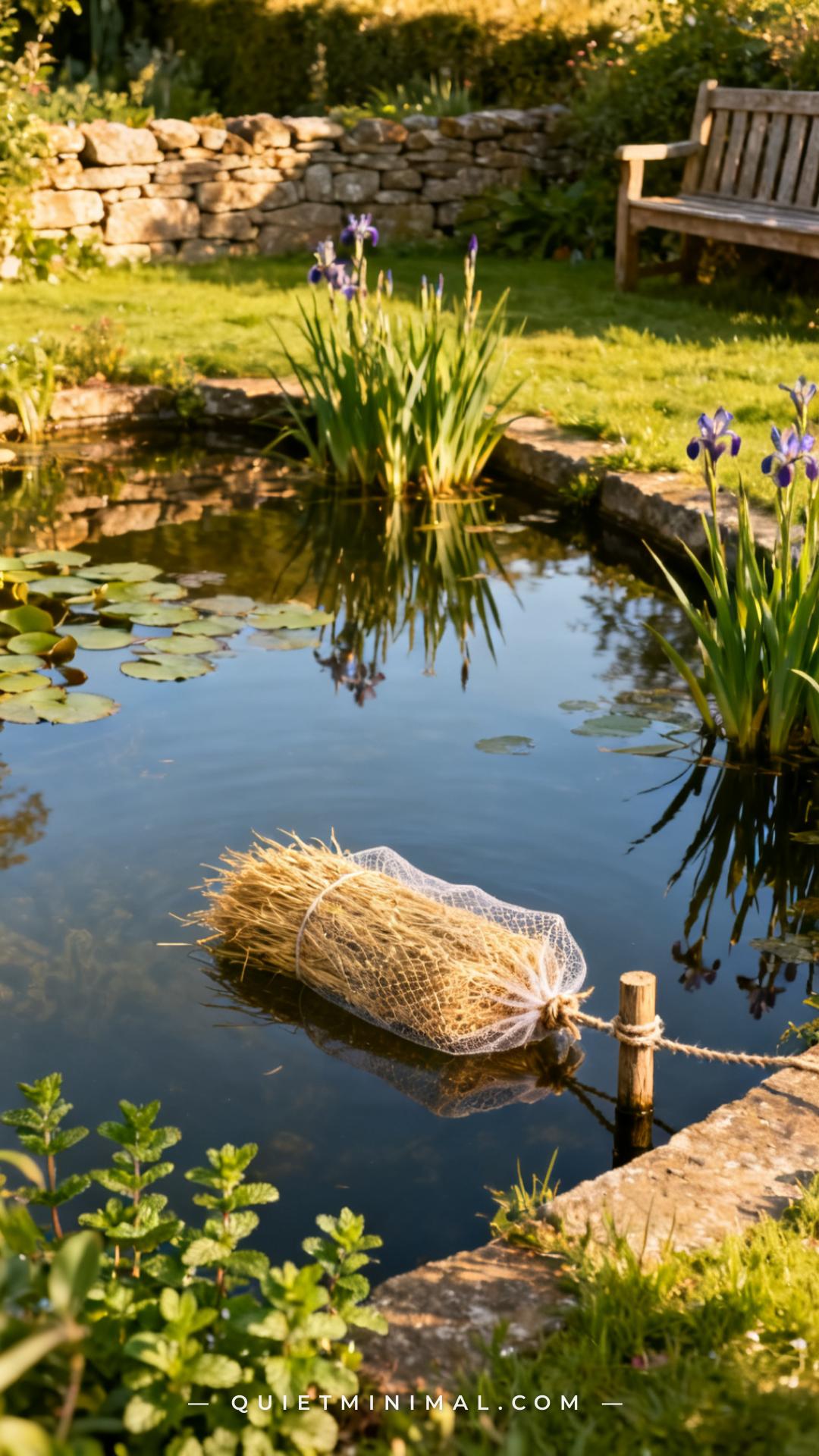 A wide photograph of a small garden wildlife pond in summer