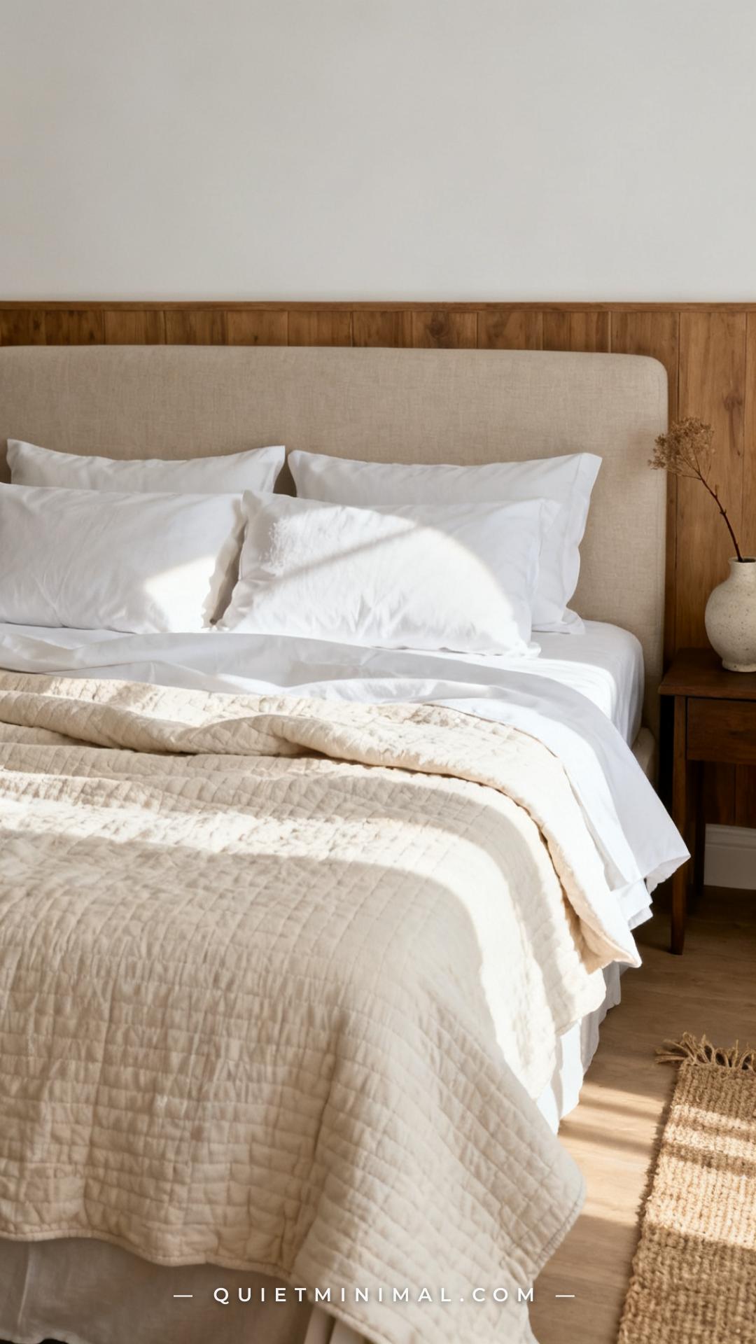 A medium-wide vertical photograph captures a full bed scene in a calm