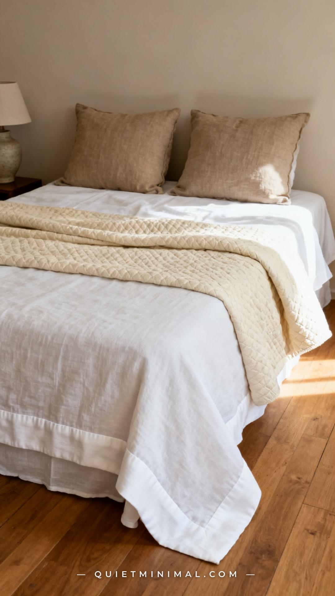 A wide-angle vertical photograph captures a full bed centered in a neutral bedroom