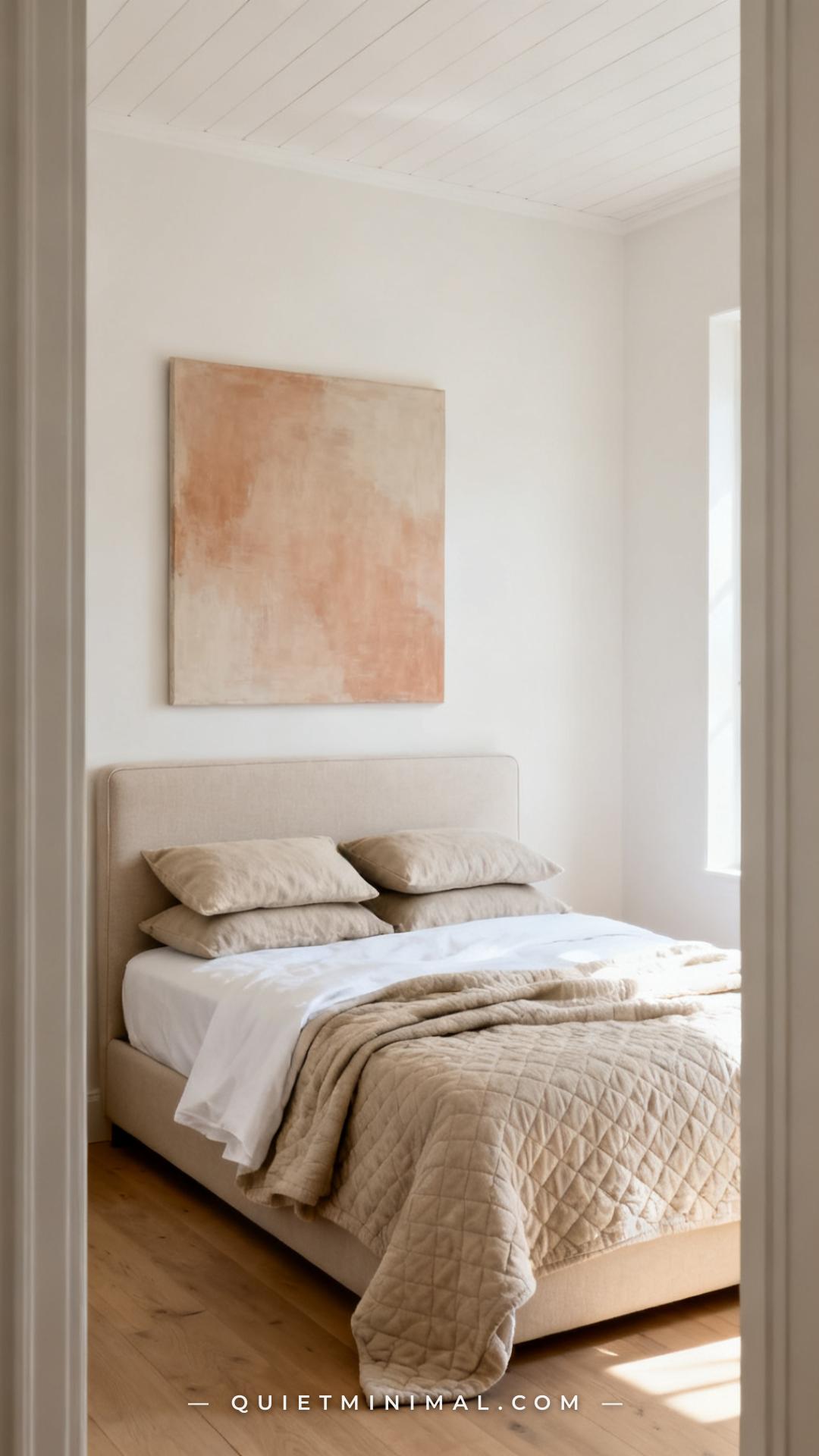 A wide establishing shot captures an entire bedroom with the full wall behind the bed visible from corner to corner
