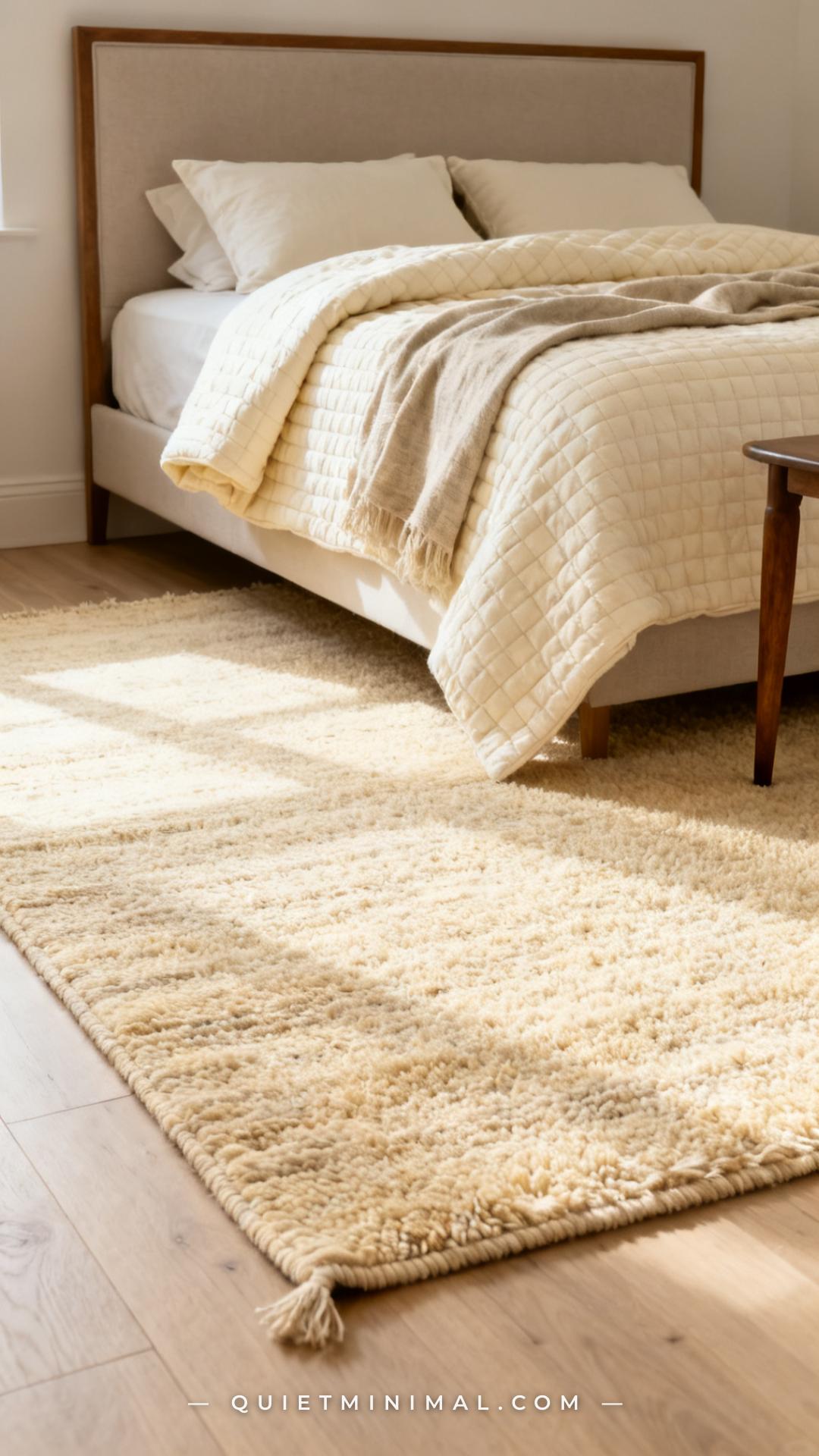 A wide vertical photograph taken from a standing position captures the full bedroom floor and bed together