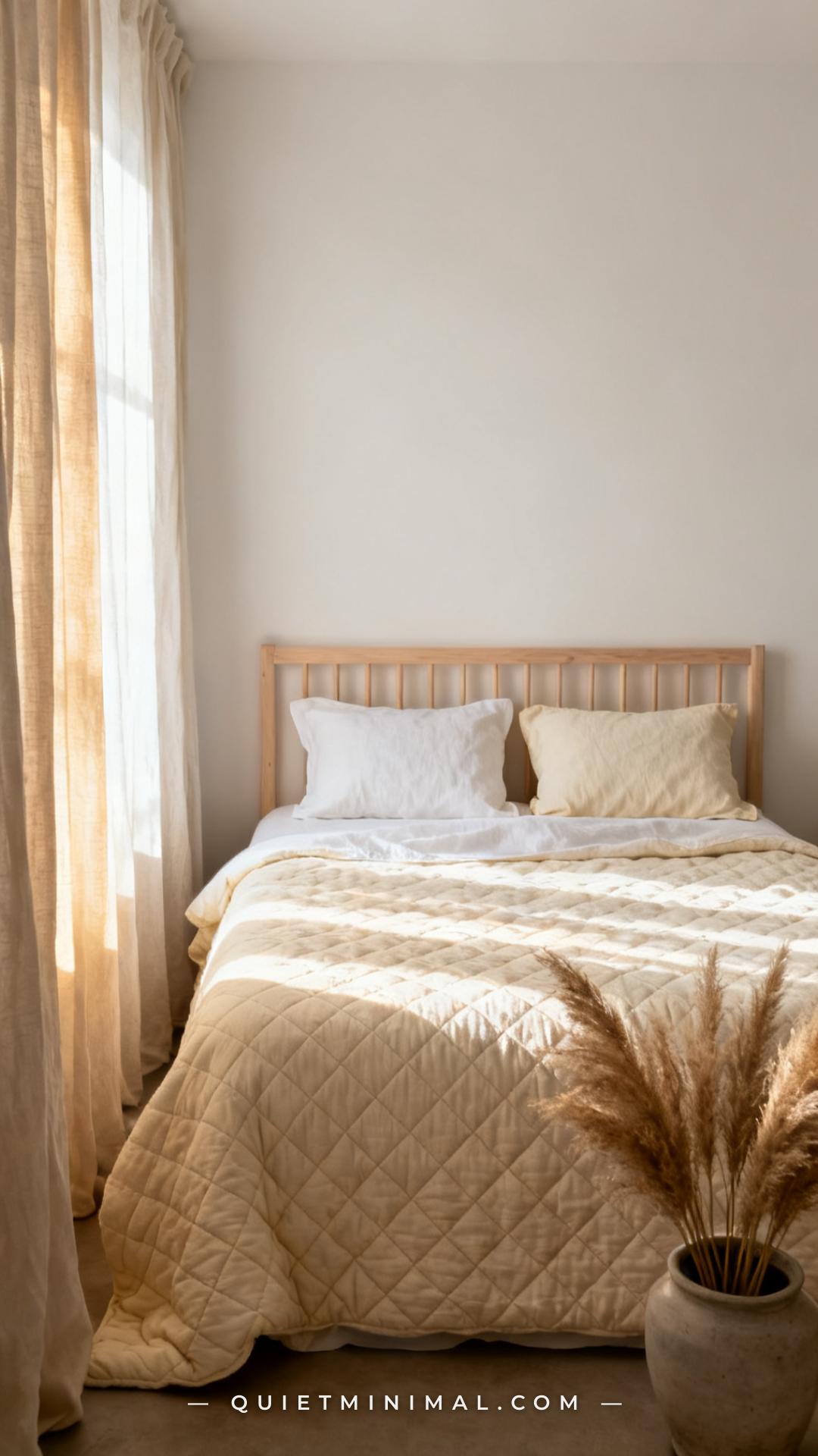 A wide establishing shot of a bedroom shows the entire bed centered in frame against a warm white wall