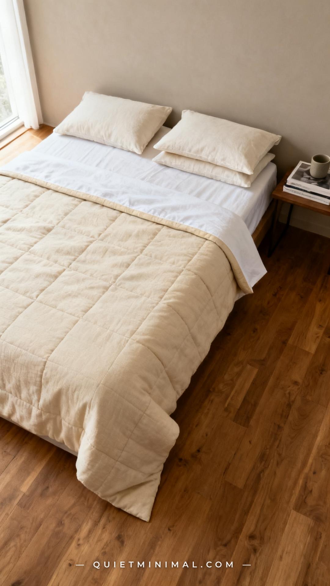 A vertical wide-angle photograph shows a full bed scene in a minimalist bedroom with a neutral wall and warm oak floorin