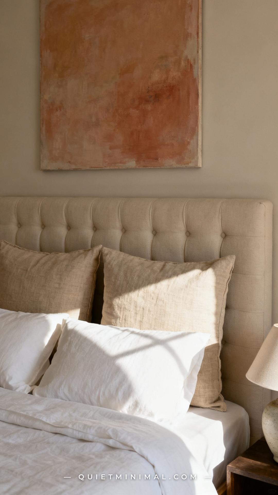 A medium-wide vertical photograph captures the upper half of a calm bedroom bed