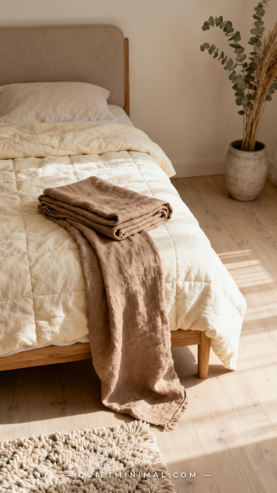 A wide vertical photograph captures a full bed scene from a slight elevated angle