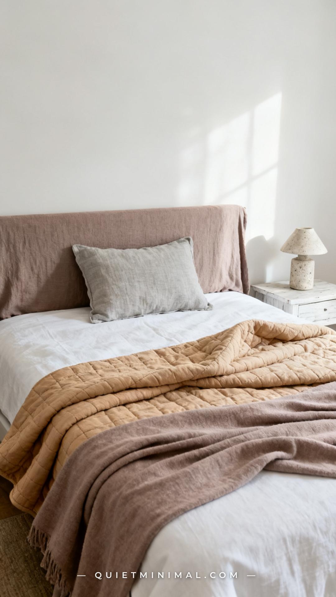 An establishing wide shot captures an entire bedroom scene with a styled bed as the central subject