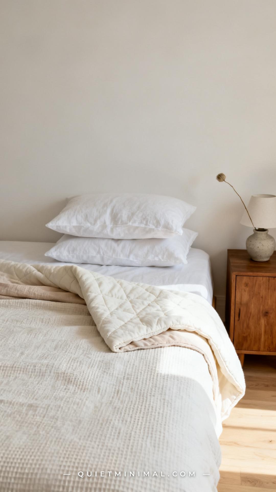 A vertical wide-angle photograph captures a full bed scene with a focus on the right side of the bed where a lightweight
