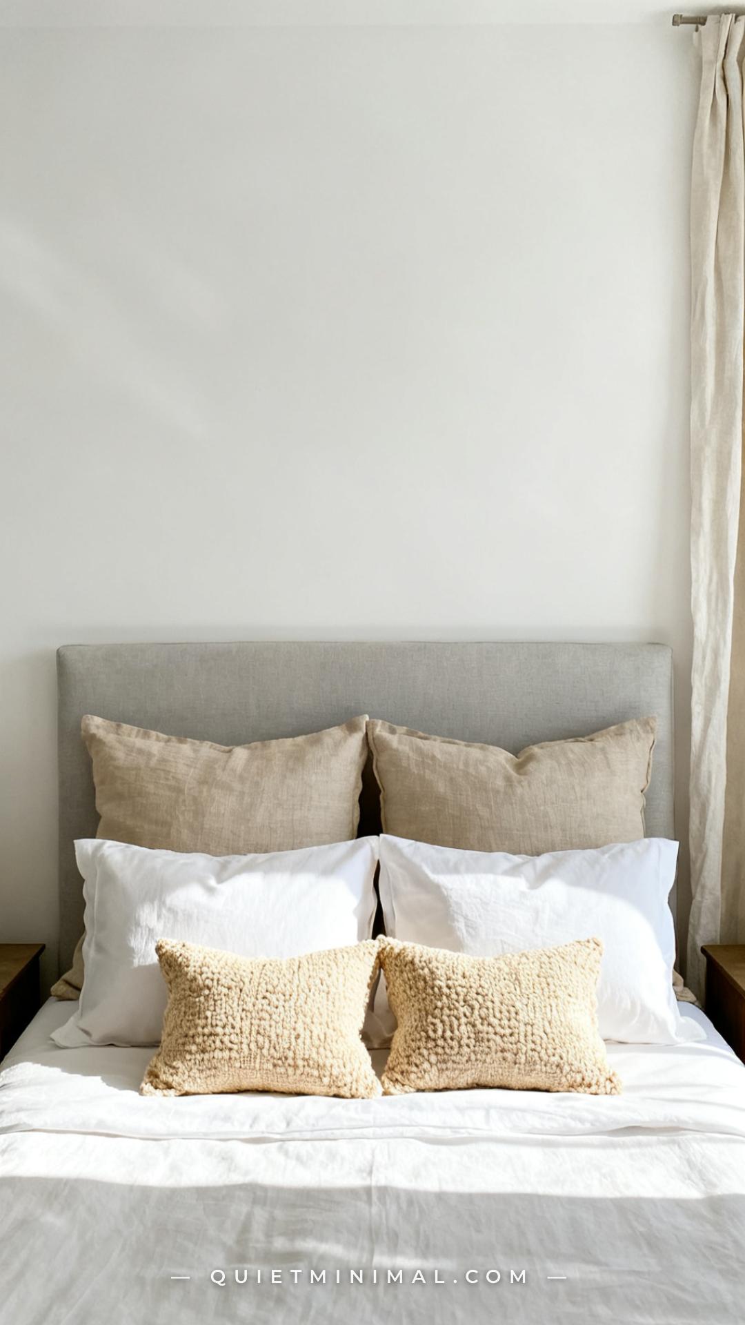 A wide vertical photograph captures the full pillow arrangement on a calm styled bed against a soft white wall