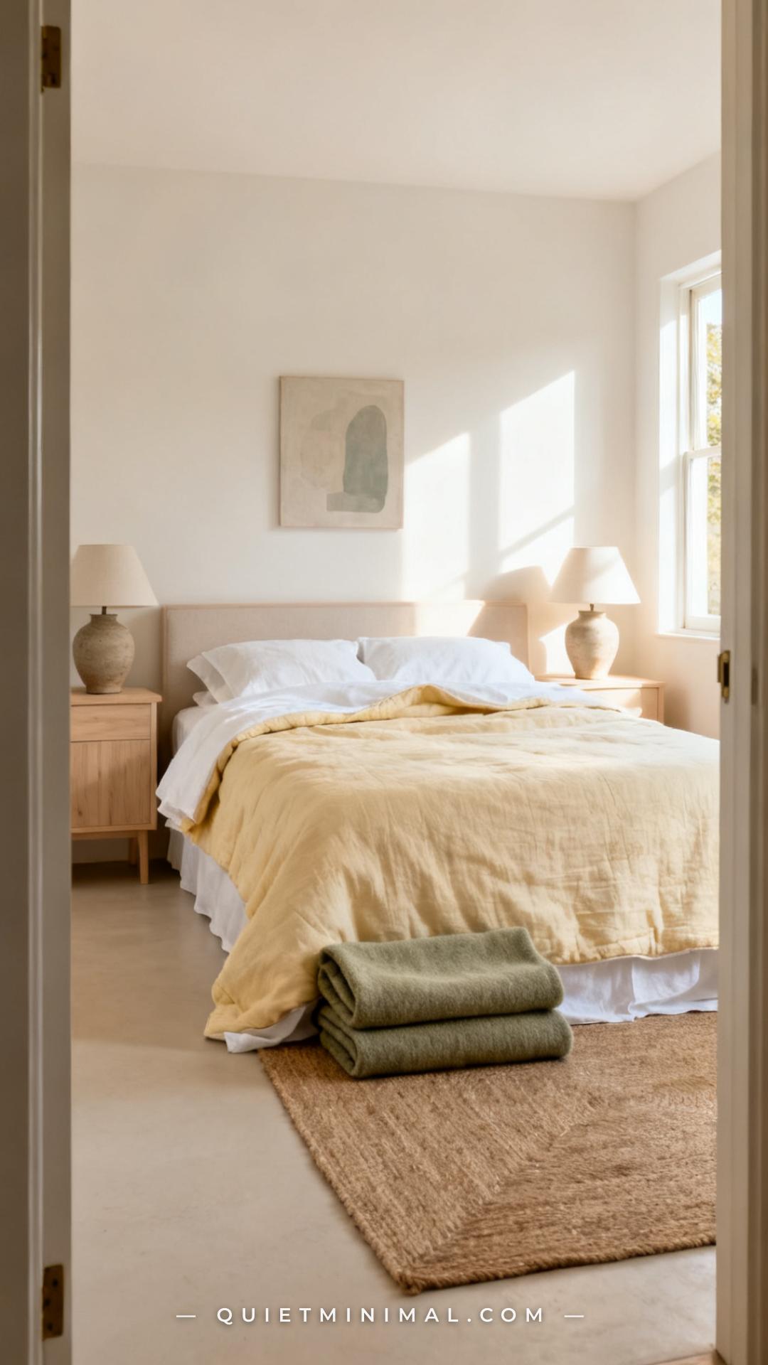 A wide establishing shot captures a bedroom from the doorway showing the complete room
