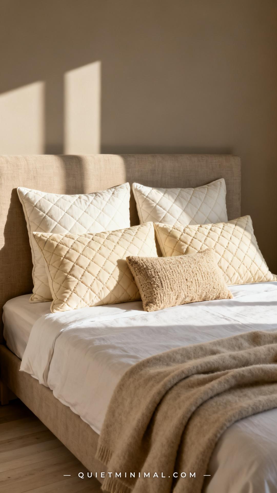 A medium-wide vertical photograph shows the head of a well-dressed neutral bed with intentional pillow architecture
