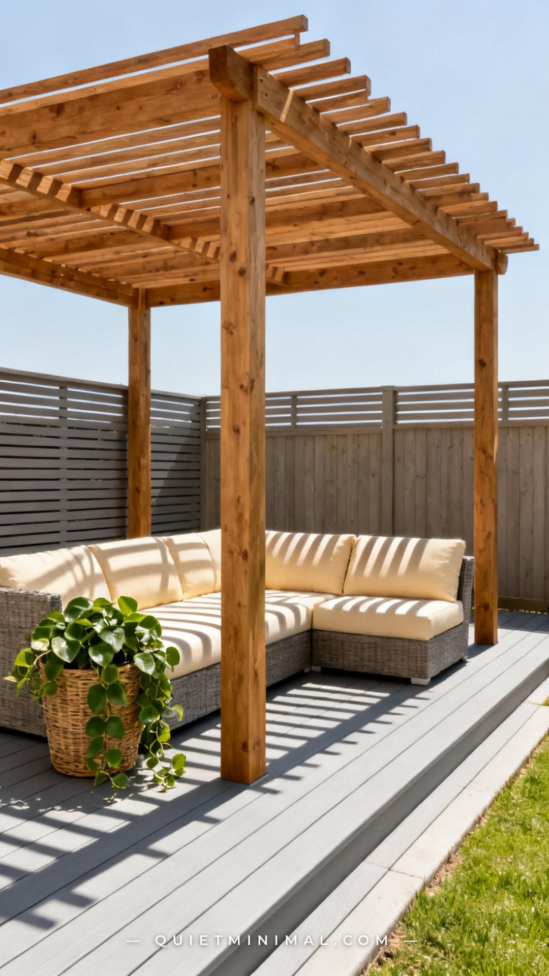 A wide establishing shot of a raised backyard deck where a freestanding pergola sits flush with all four corners of the