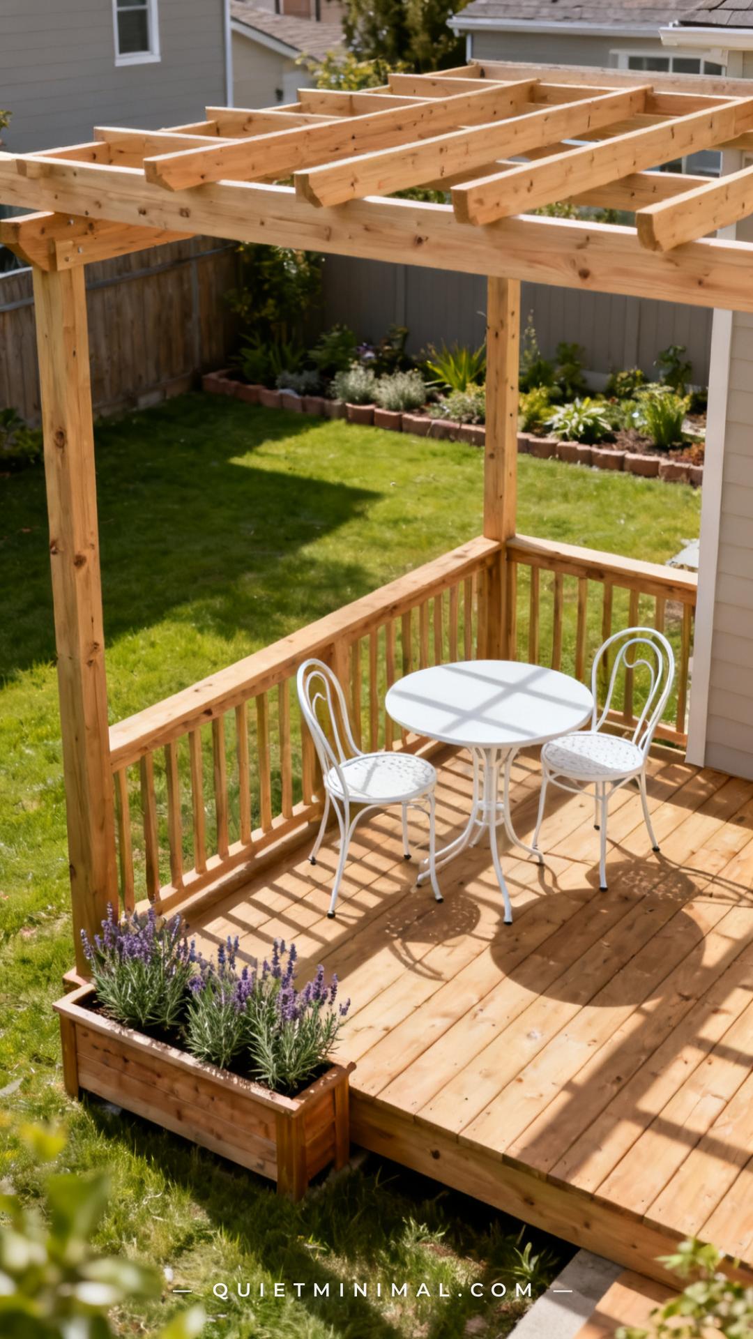 A wide establishing shot of a small 8x10 raised cedar deck beneath an open-beam pergola in a compact urban backyard