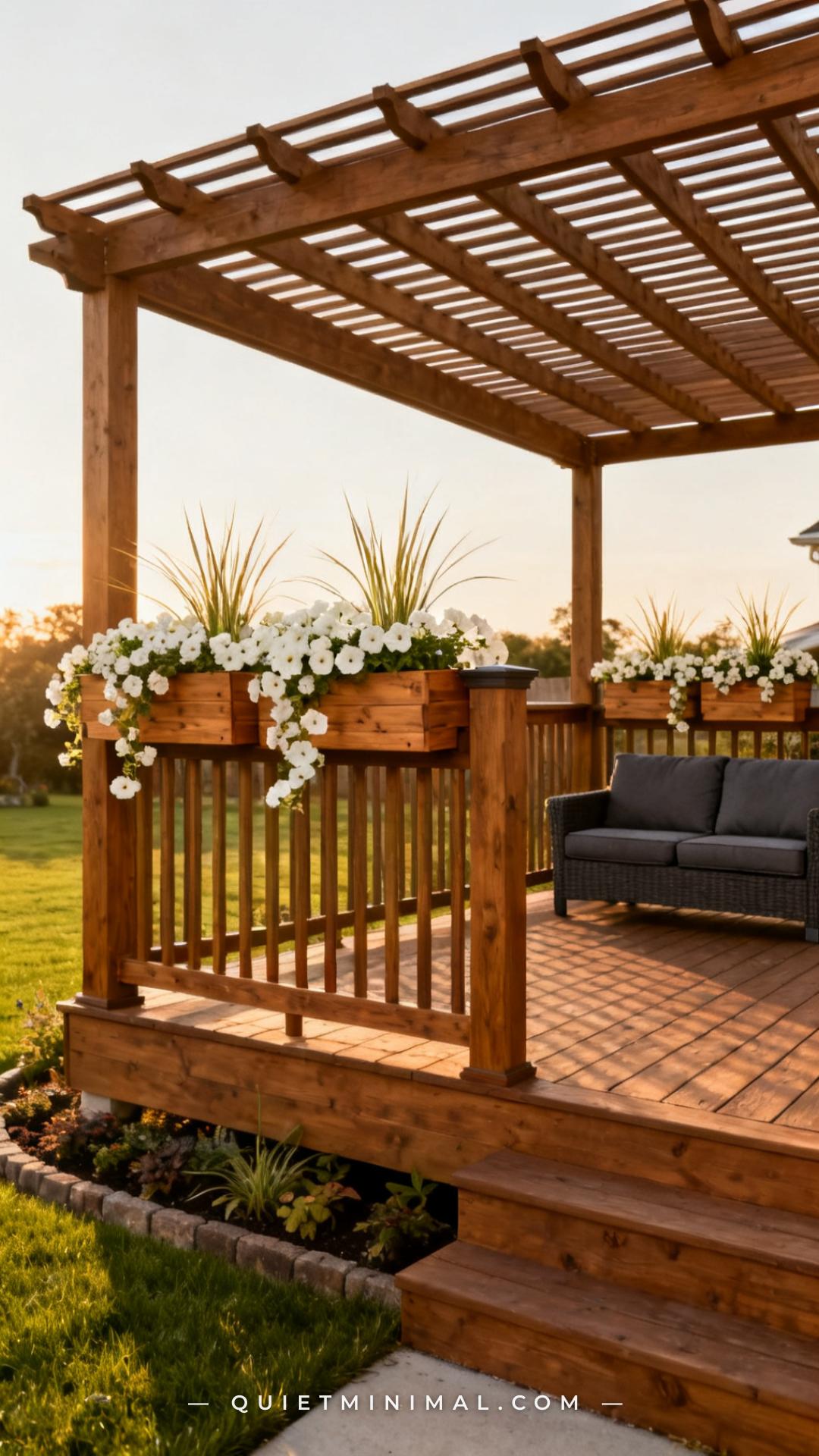 A vertical wide-angle photograph of a raised wood deck with a wood railing fitted with built-in cedar planter boxes alon