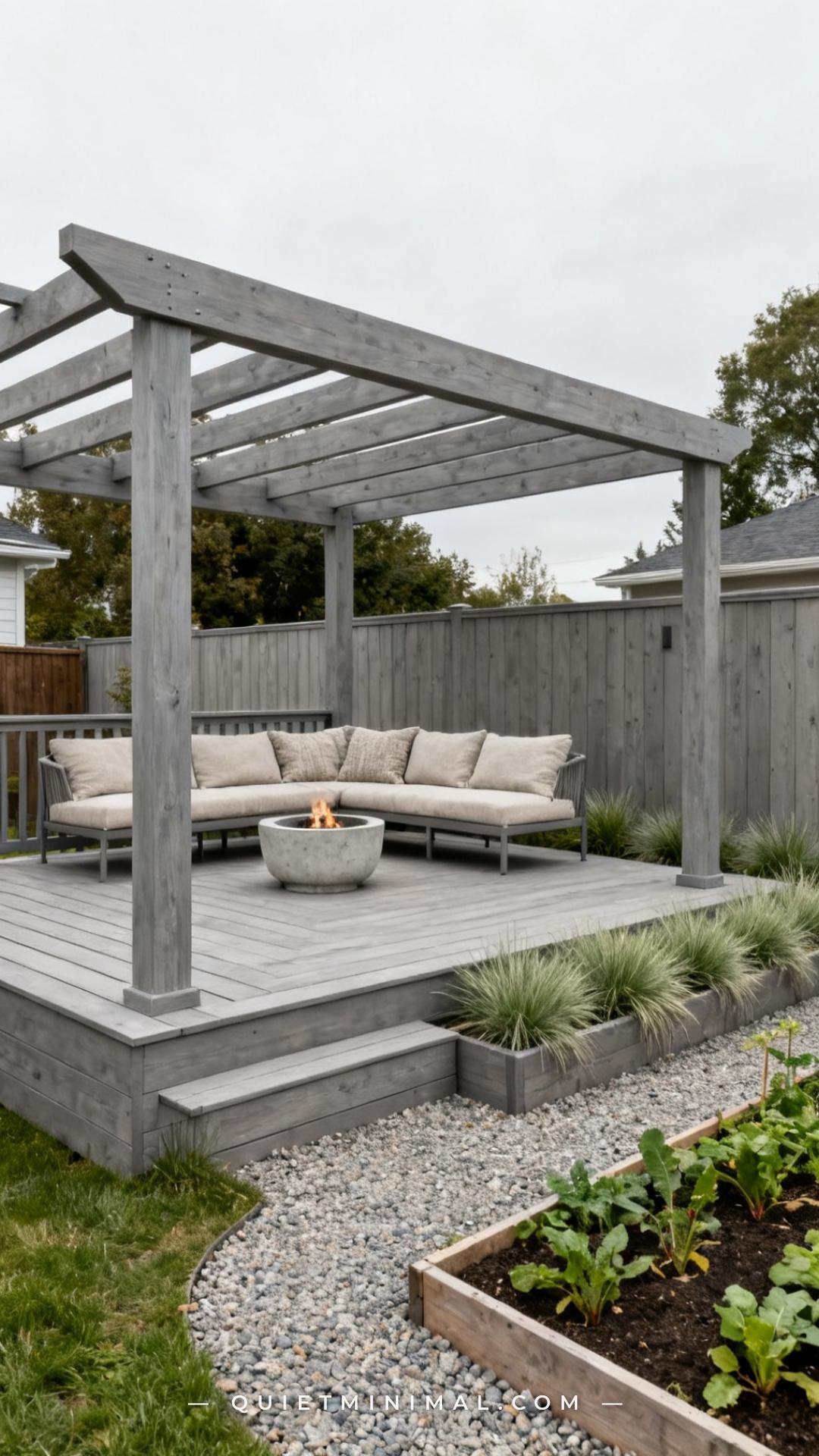 An establishing wide shot of a backyard raised deck and attached pergola built entirely from matching gray-stained cedar