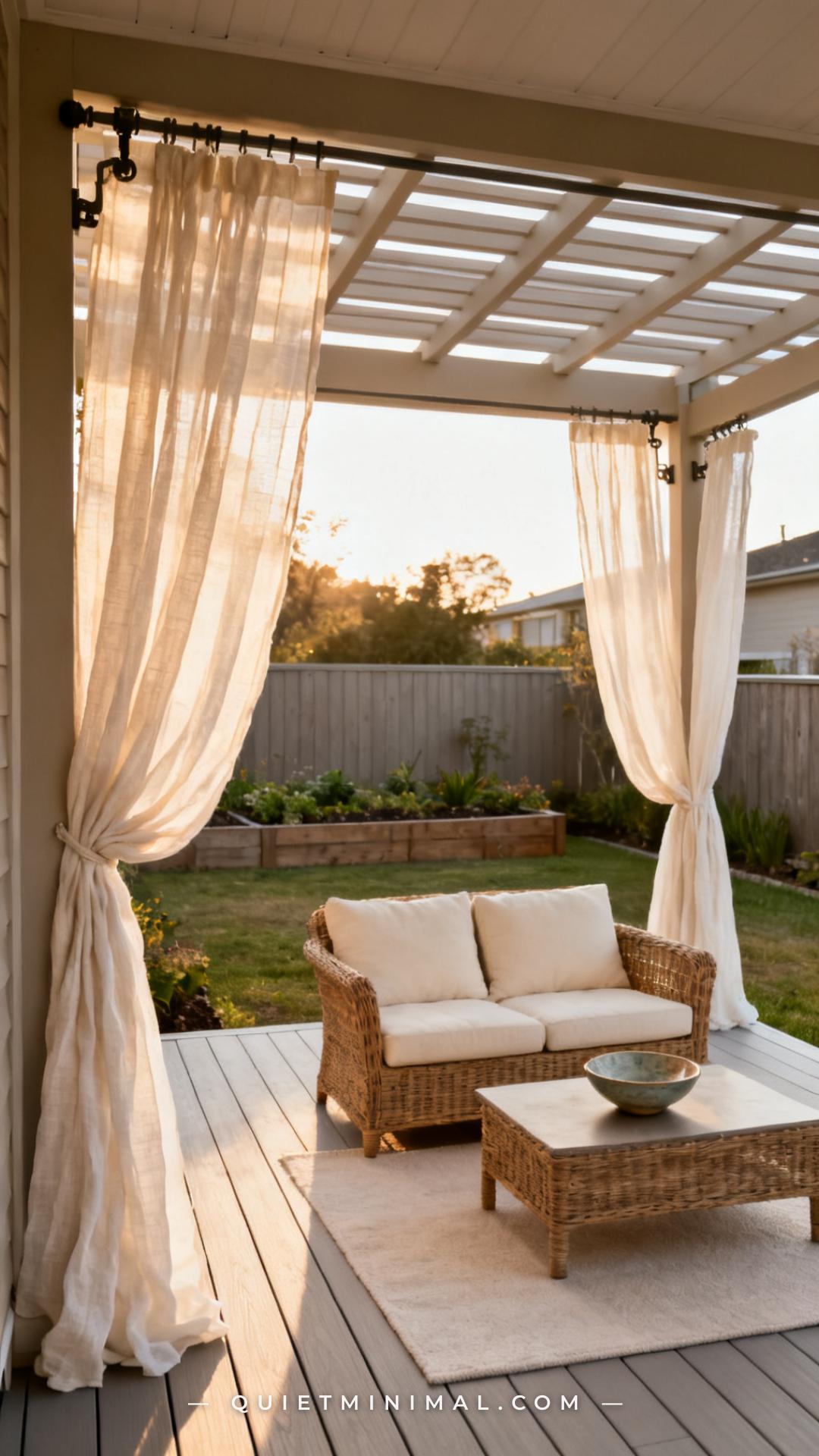 A wide vertical photograph captures a raised backyard deck under a pergola where sheer outdoor linen curtain panels hang