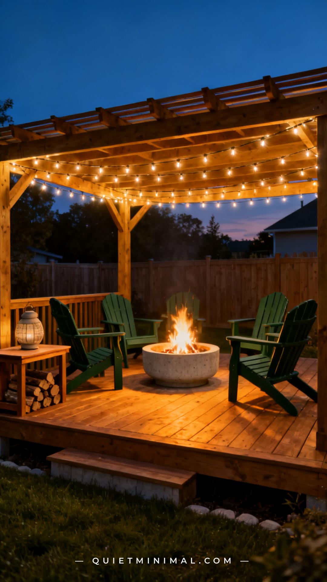 A wide-angle establishing photograph of a raised wood deck with an open pergola at dusk