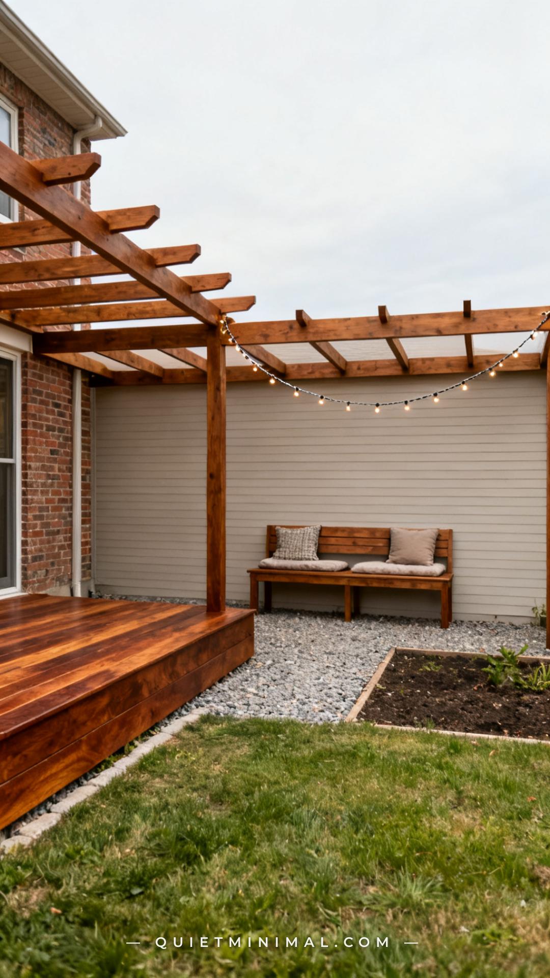 A wide-angle vertical photograph shows a small rectangular backyard where a raised wood deck occupies the far left corne