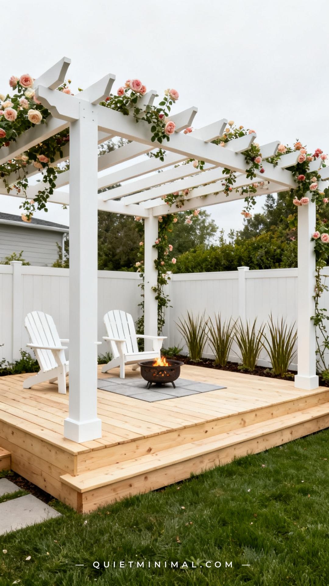 An establishing wide shot captures a low-profile raised wood deck — elevated just 18 inches above the backyard lawn — wi