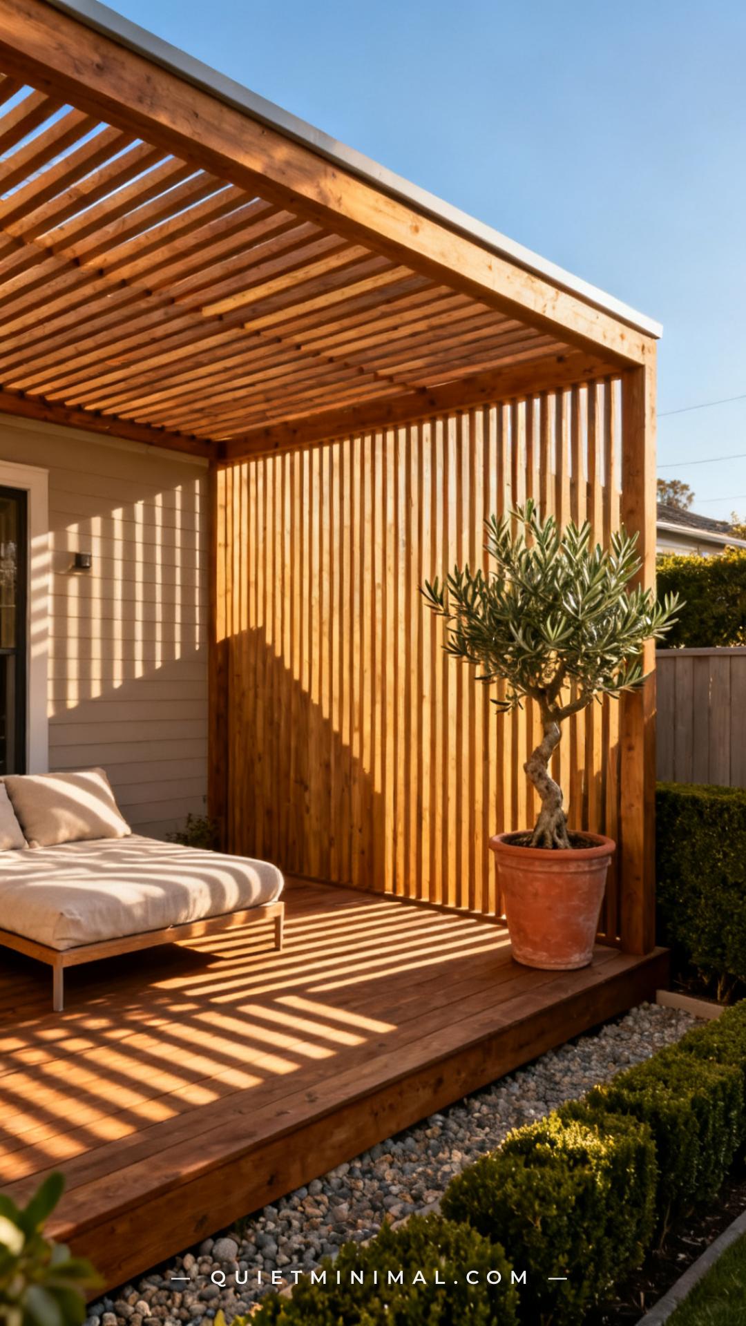 A vertical wide-angle photograph of a raised cedar deck in a compact backyard