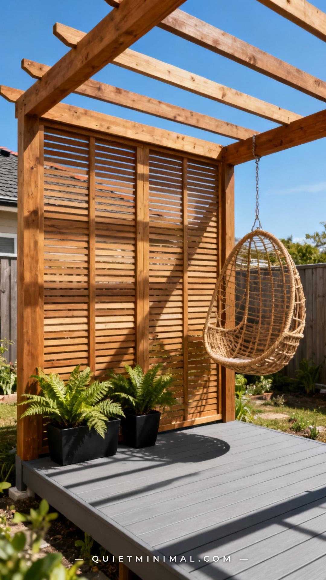 A wide establishing shot of a raised backyard deck fitted with a pergola where one side panel features a built-in vertic