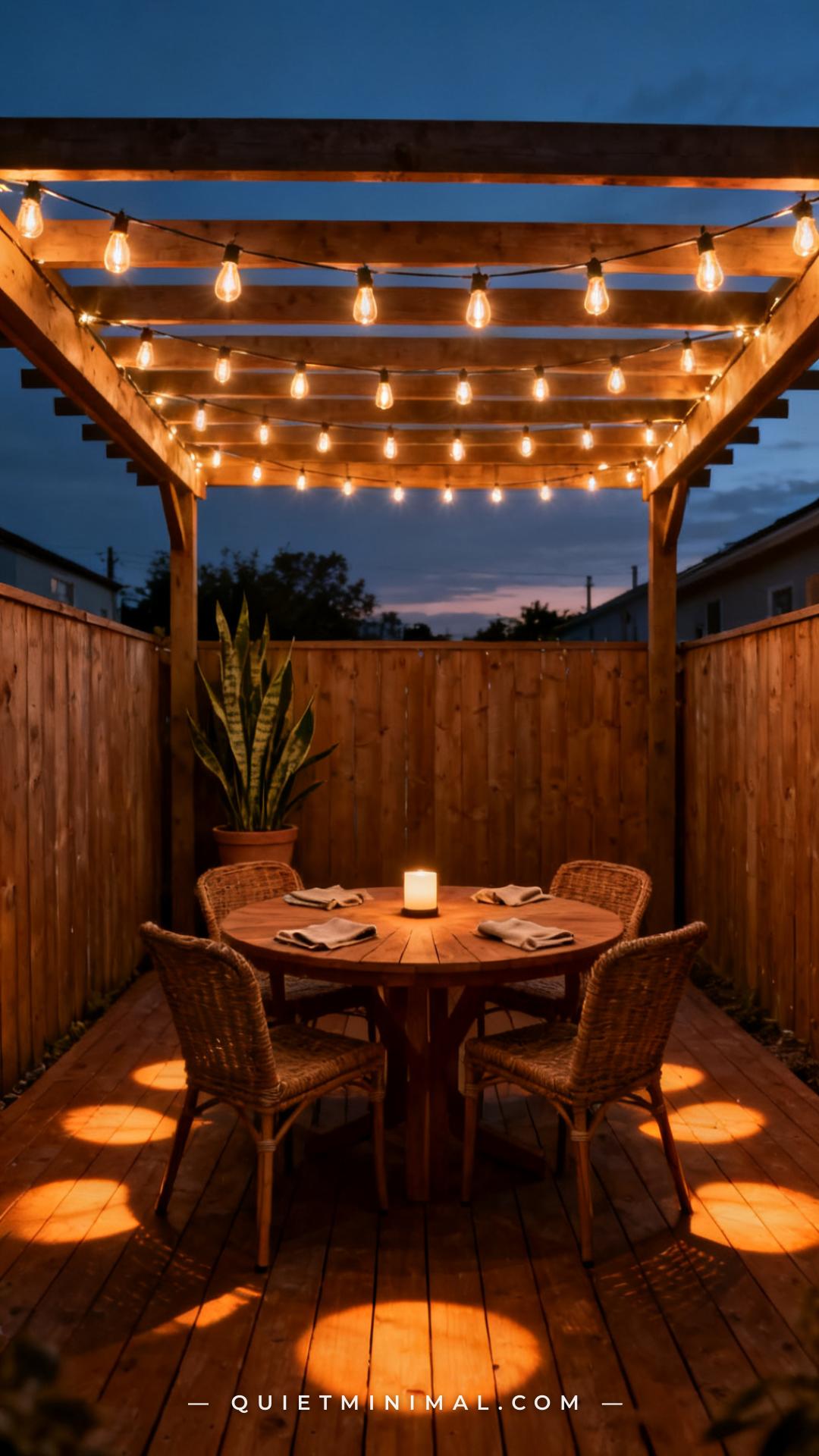 A wide vertical photograph taken at dusk captures a raised wood deck with a pergola overhead