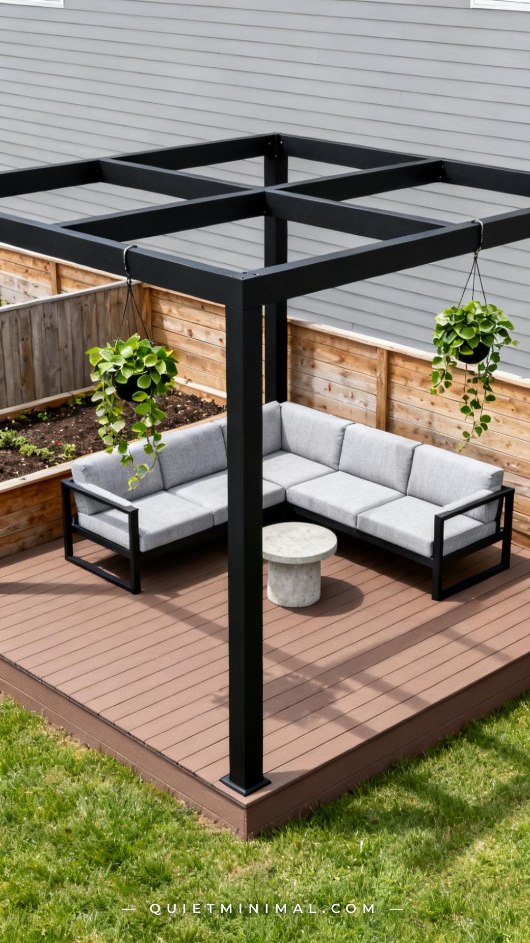 A wide establishing shot of a small backyard raised deck featuring a factory-built modular aluminum pergola