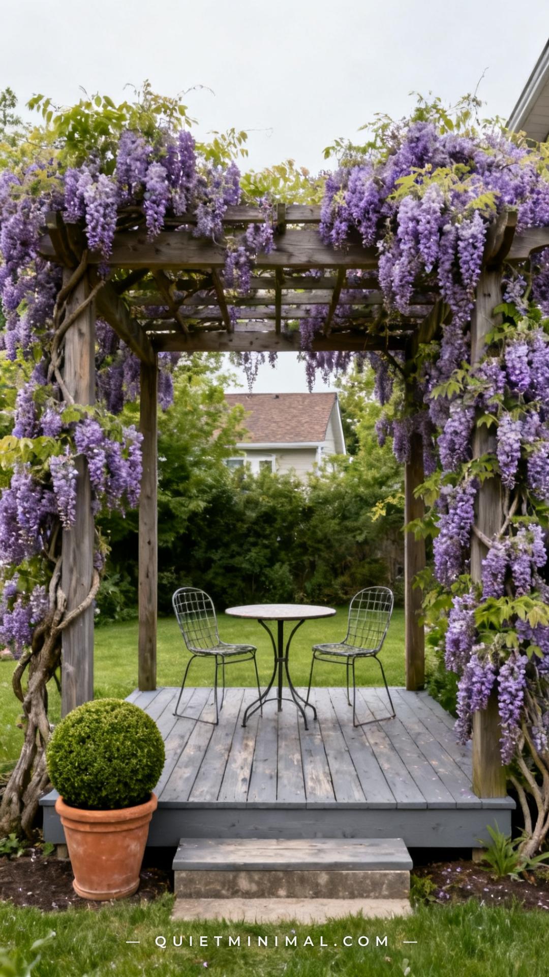 A vertical photograph of a compact raised wood deck in a residential backyard