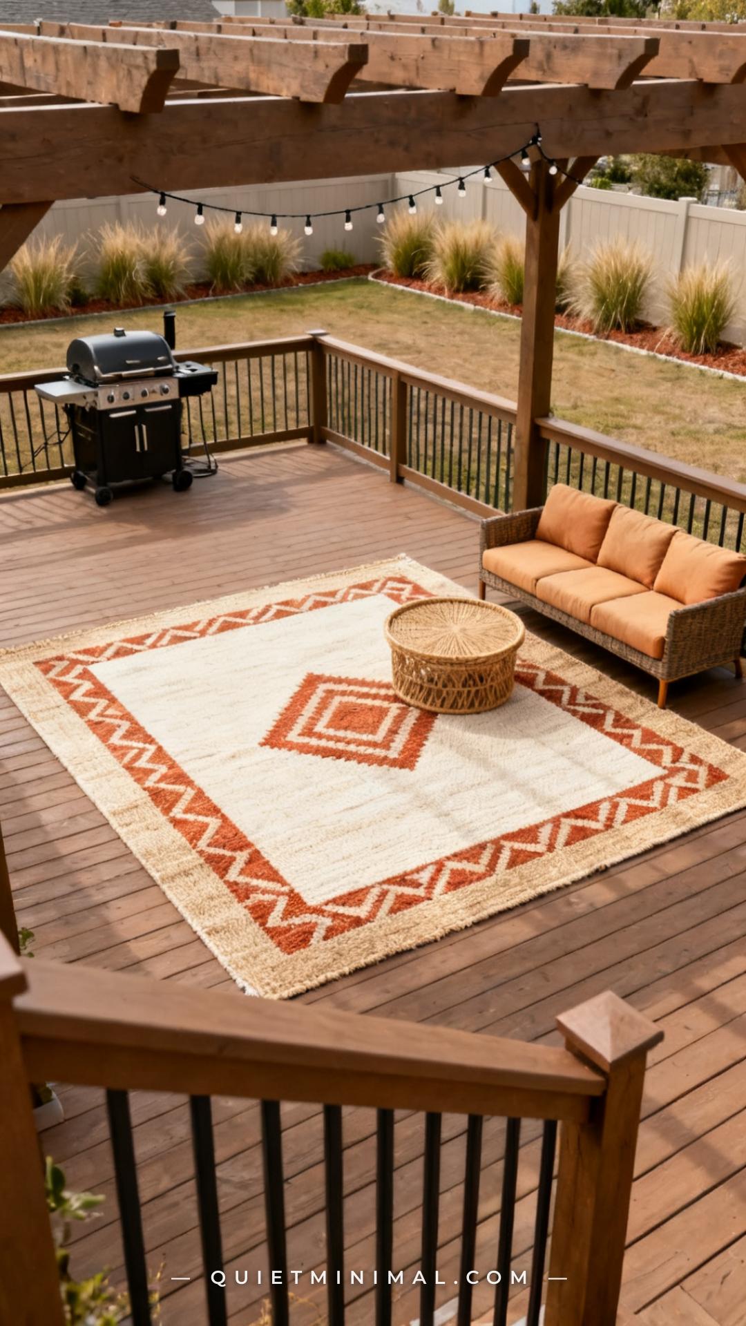 A wide-angle photograph of a raised wood deck with a pergola
