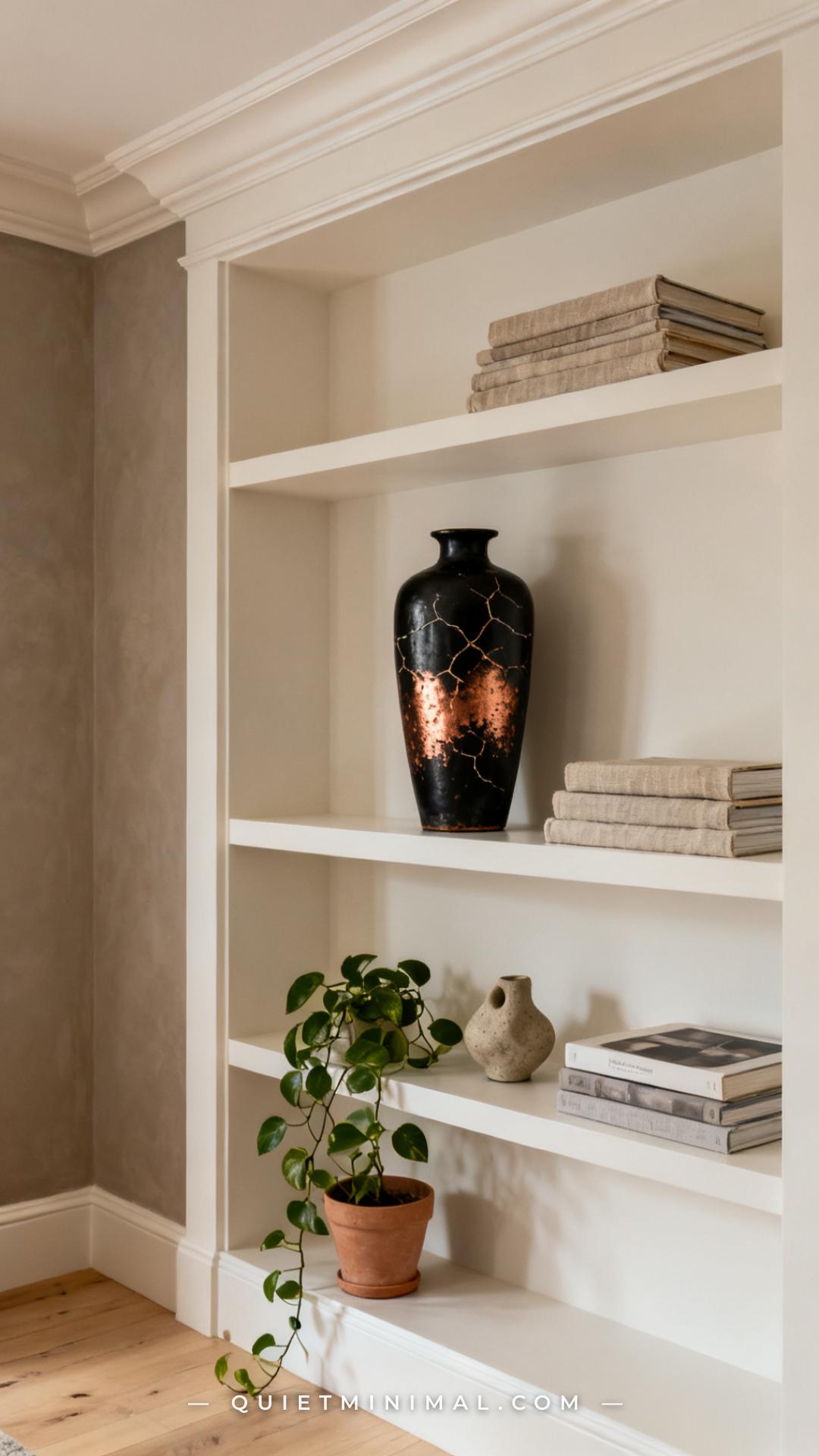 A vertical photograph captures a full built-in shelving unit in a living room styled with layered organic objects