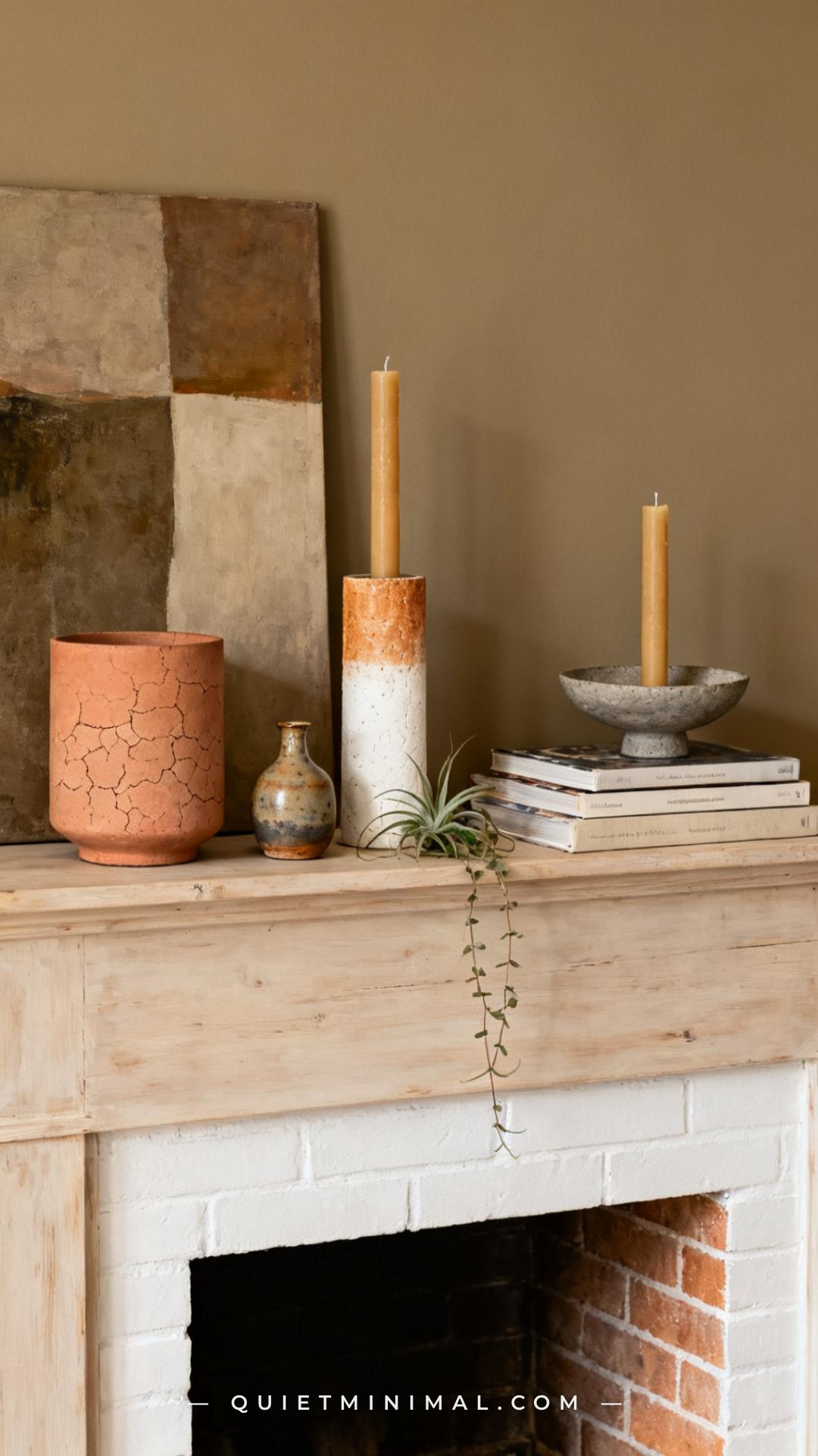 A vertical photograph captures a full fireplace mantle styled in a warm organic aesthetic